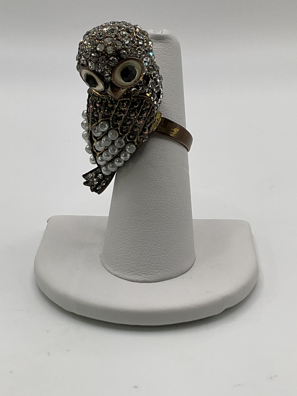 Vintage Brass Owl Cocktail Statement Ring w/ Onyx Eyes Rhinestones & Pearls ADJT - Estate Sale (Great Condition)