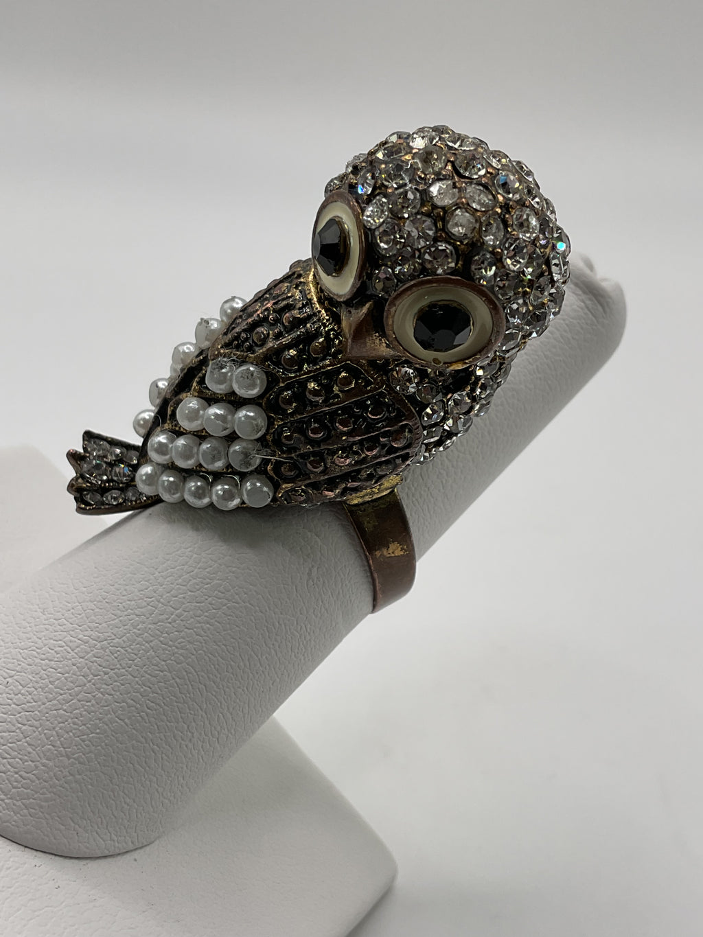 Vintage Brass Owl Cocktail Statement Ring w/ Onyx Eyes Rhinestones & Pearls ADJT - Estate Sale (Great Condition)