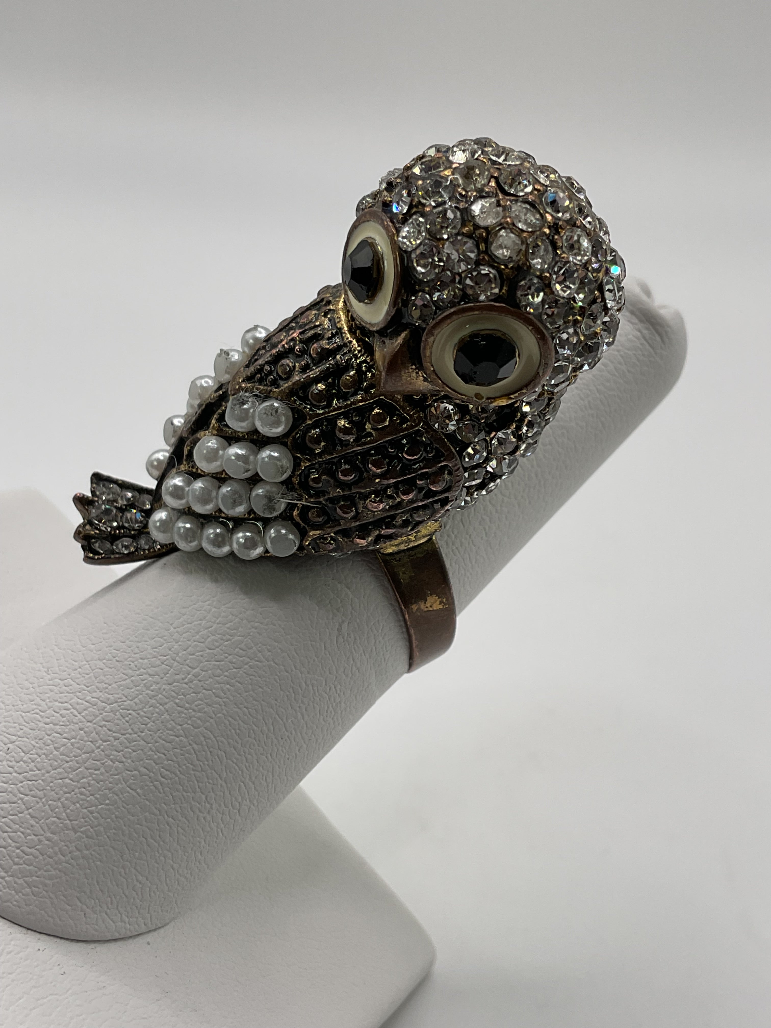 Vintage Brass Owl Cocktail Statement Ring w/ Onyx Eyes Rhinestones & Pearls ADJT - Estate Sale (Great Condition)