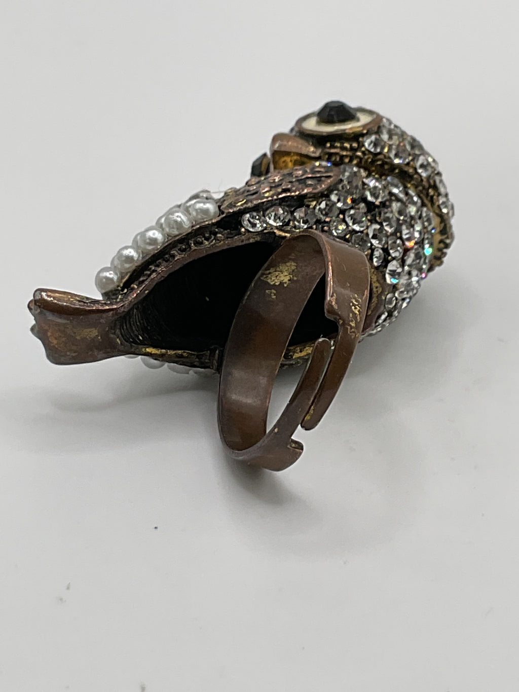Vintage Brass Owl Cocktail Statement Ring w/ Onyx Eyes Rhinestones & Pearls ADJT - Estate Sale (Great Condition)