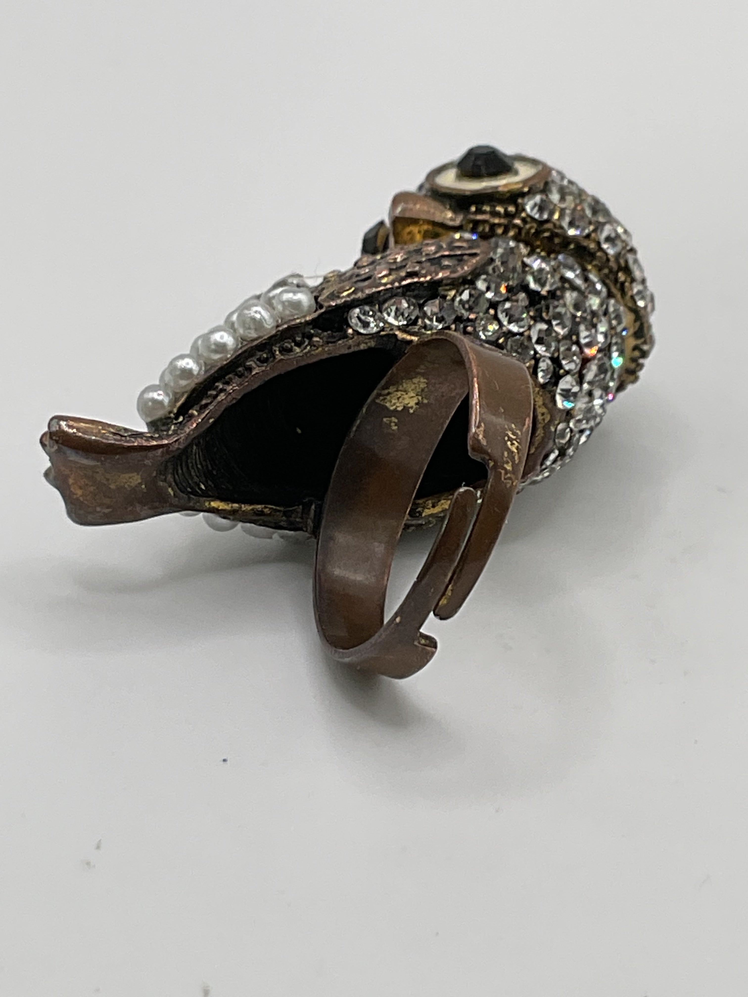 Vintage Brass Owl Cocktail Statement Ring w/ Onyx Eyes Rhinestones & Pearls ADJT - Estate Sale (Great Condition)