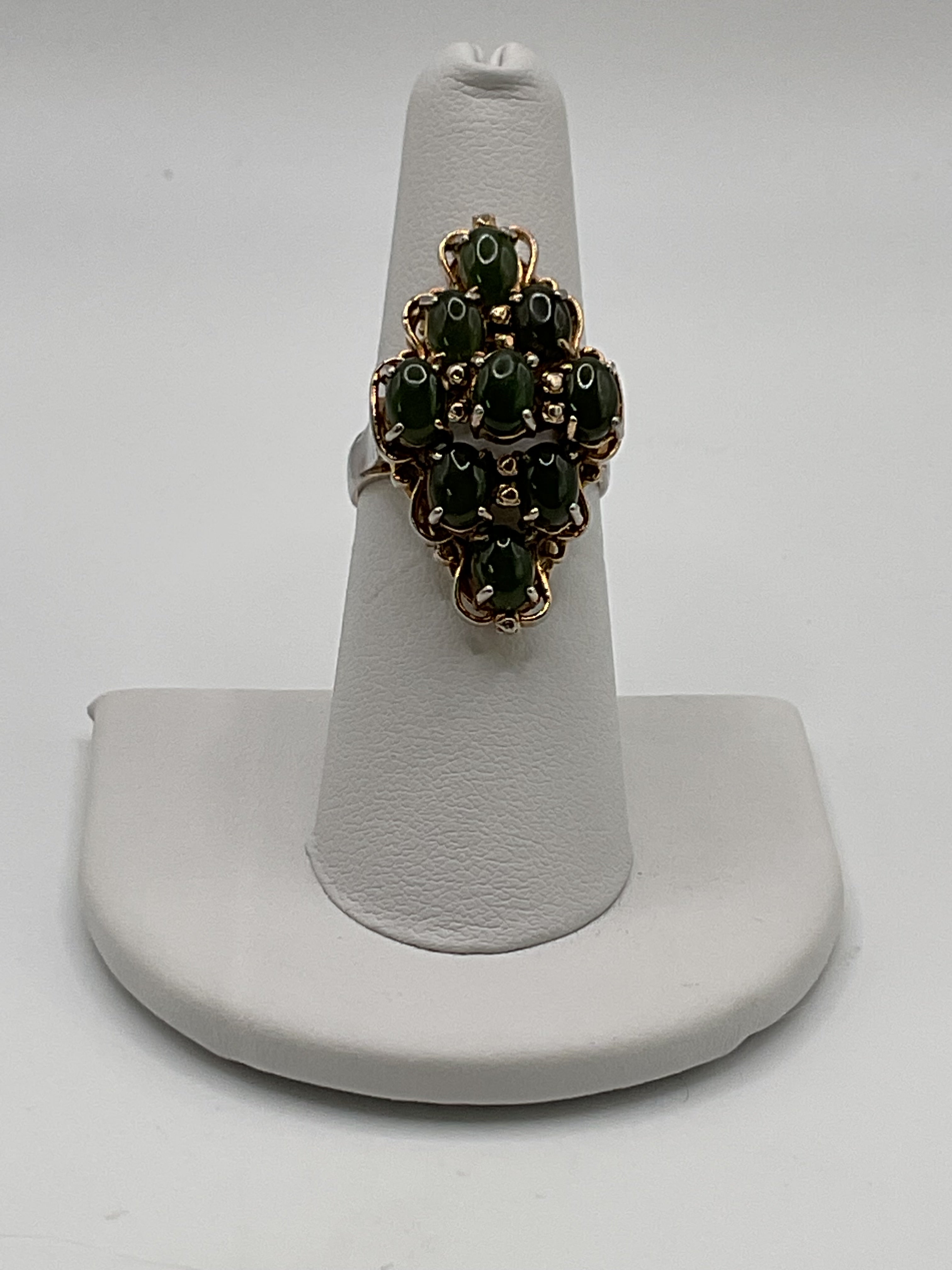 Vintage Style Green Nephrite Jade Cabochon Cluster Ring | Gold Tone - Estate Sale (Fair Condition)