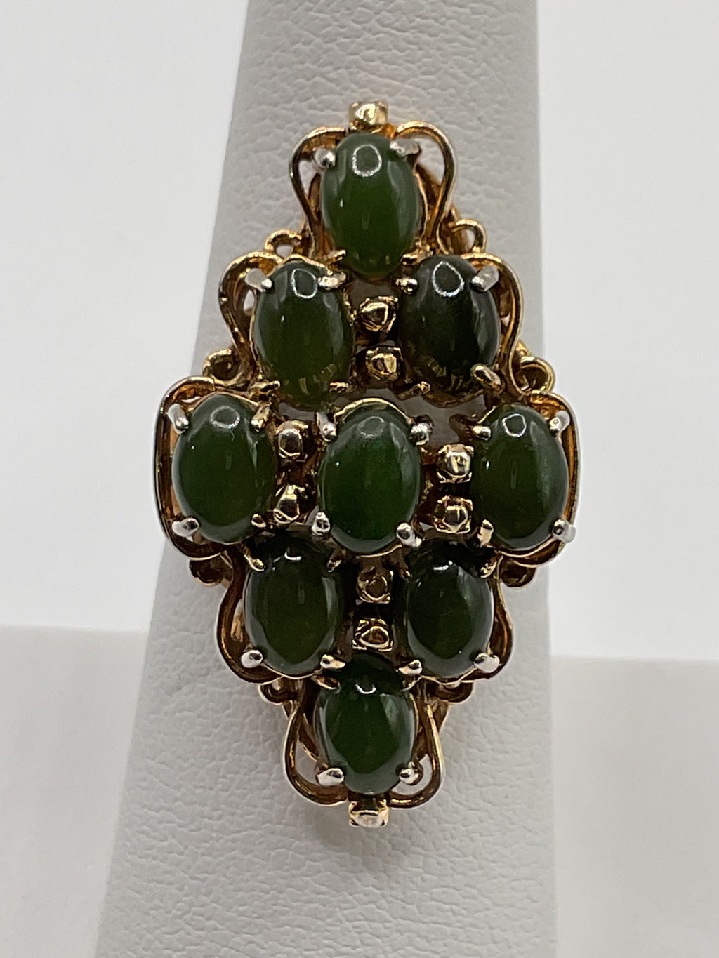 Vintage Style Green Nephrite Jade Cabochon Cluster Ring | Gold Tone - Estate Sale (Fair Condition)