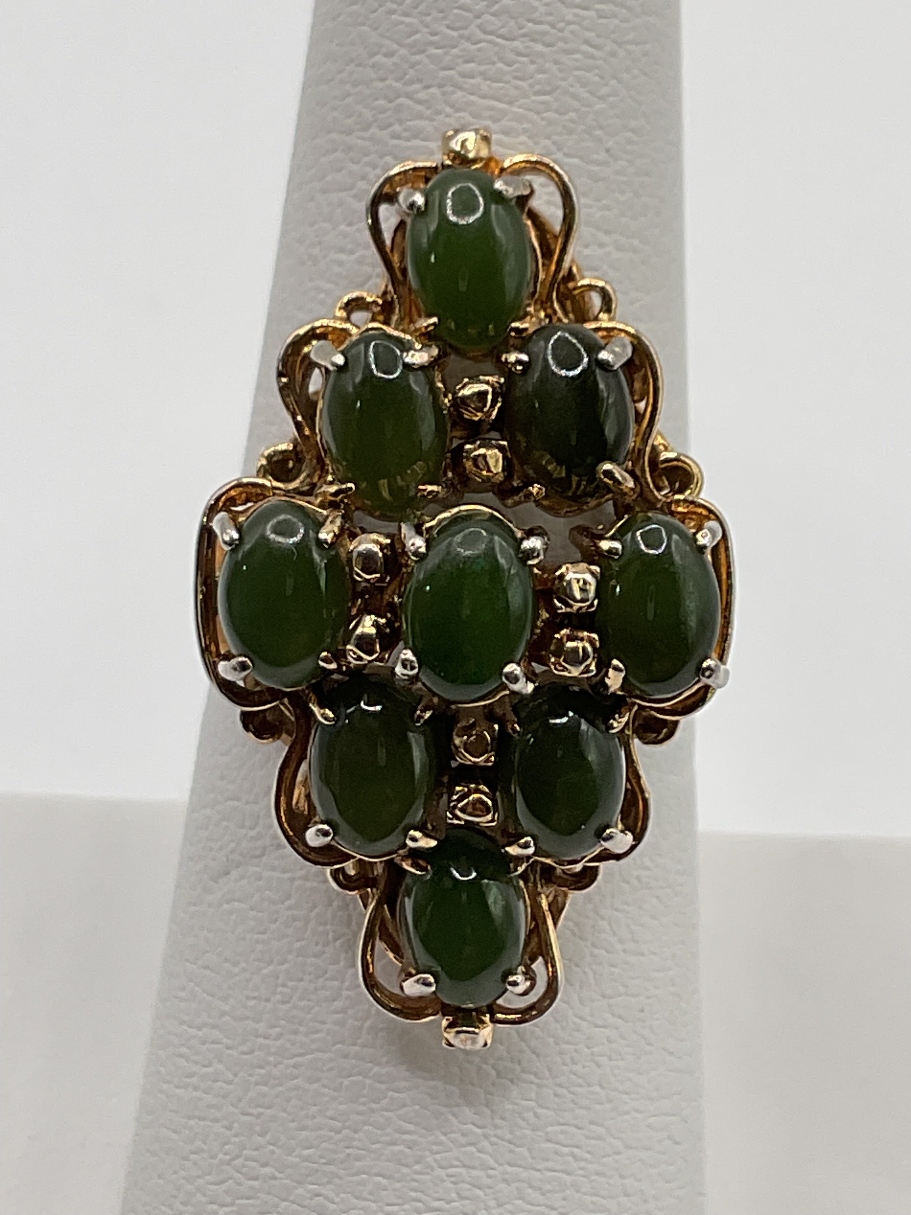 Vintage Style Green Nephrite Jade Cabochon Cluster Ring | Gold Tone - Estate Sale (Fair Condition)