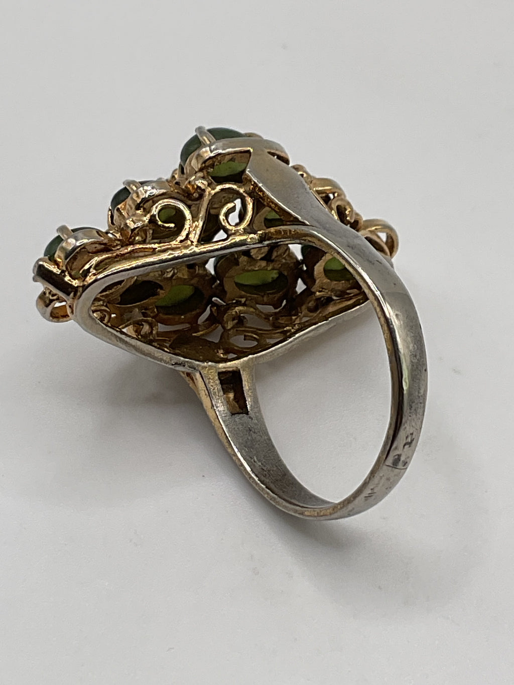 Vintage Style Green Nephrite Jade Cabochon Cluster Ring | Gold Tone - Estate Sale (Fair Condition)
