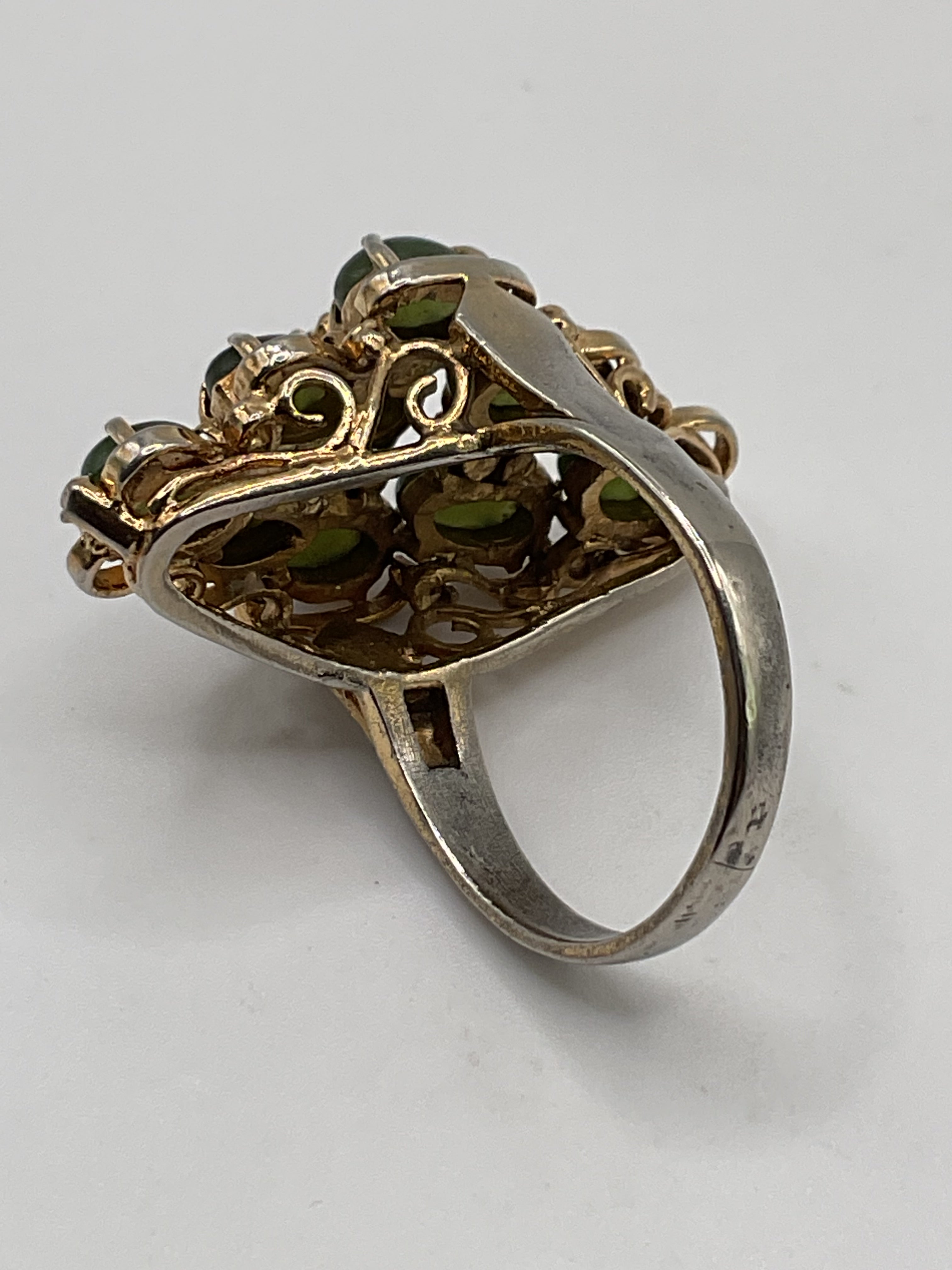 Vintage Style Green Nephrite Jade Cabochon Cluster Ring | Gold Tone - Estate Sale (Fair Condition)