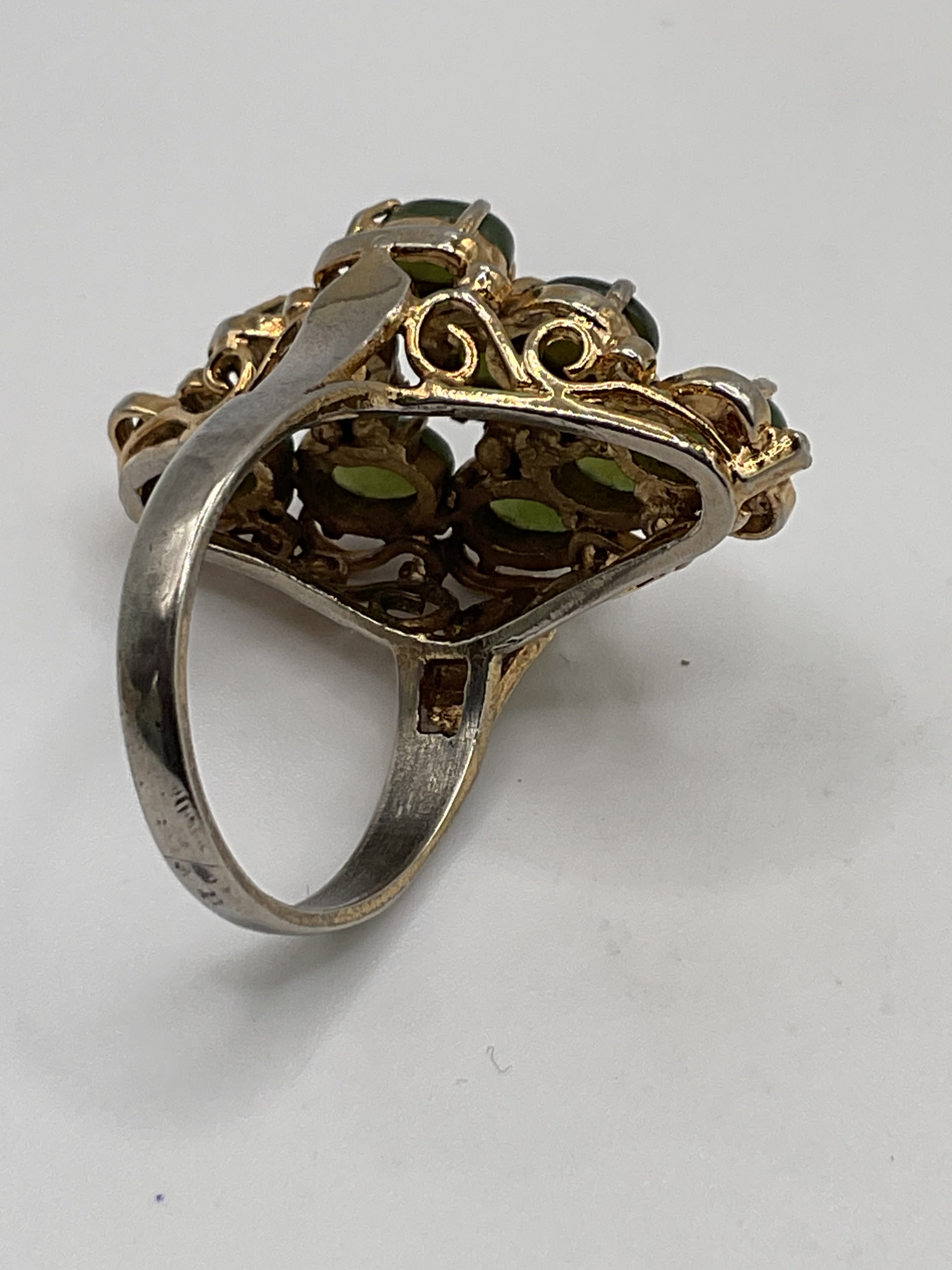 Vintage Style Green Nephrite Jade Cabochon Cluster Ring | Gold Tone - Estate Sale (Fair Condition)