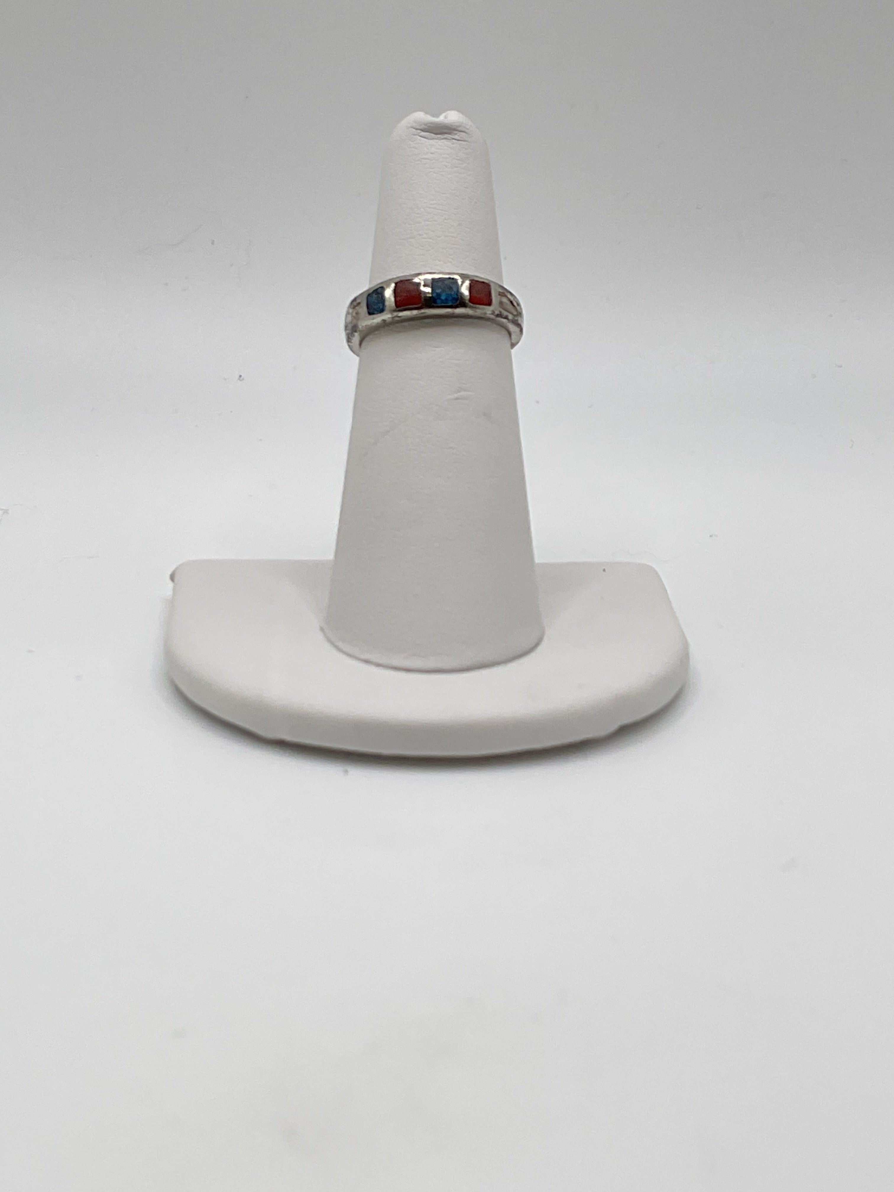 Southwestern Inlay Band Ring Fair Vintage Silver-Tone - Estate Sale (Fair Condition)