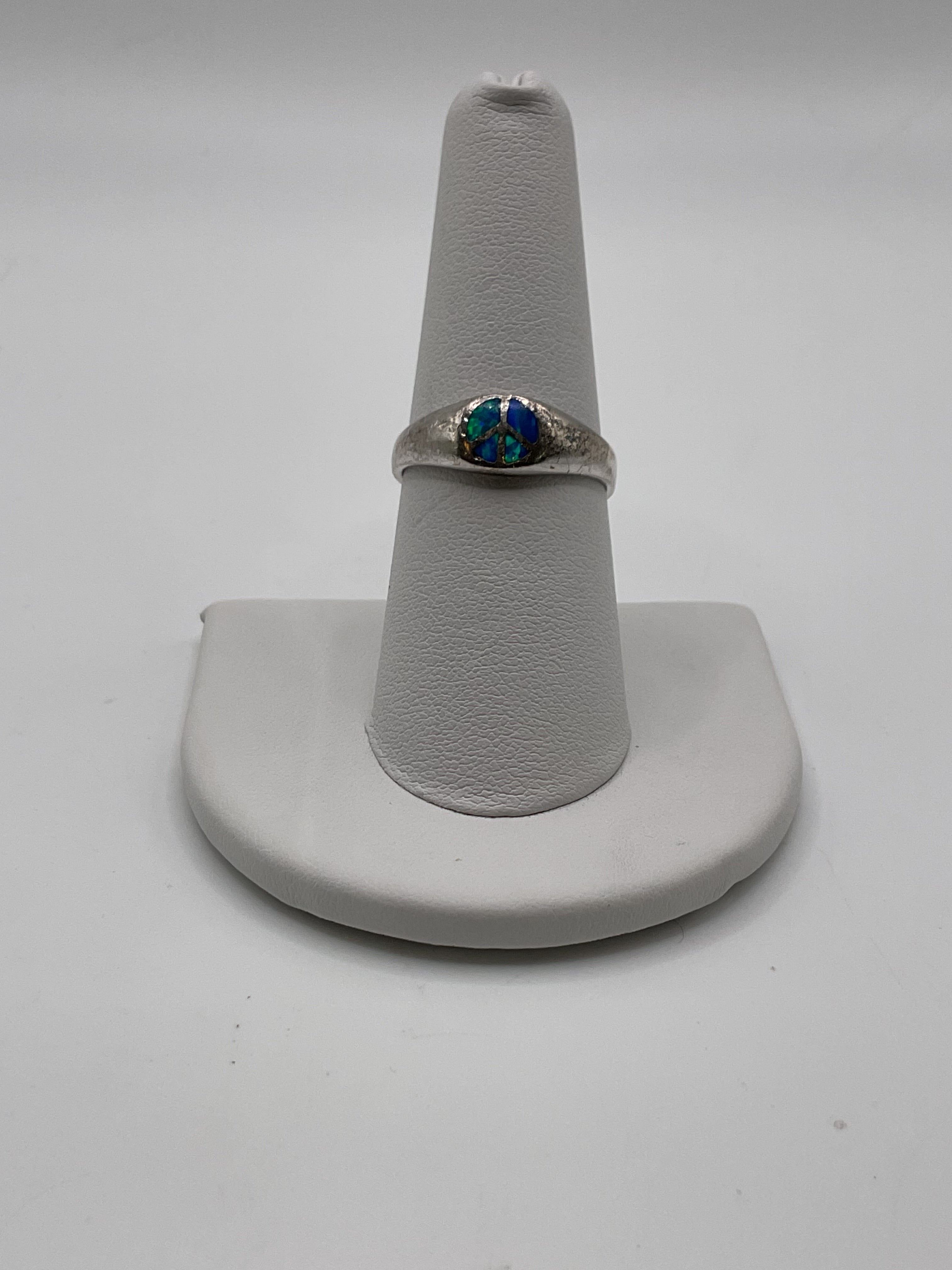 Sterling Silver Opal Inlay Peace Sign Ring | 925 Boho Statement Ring - Estate Sale (Great Condition)