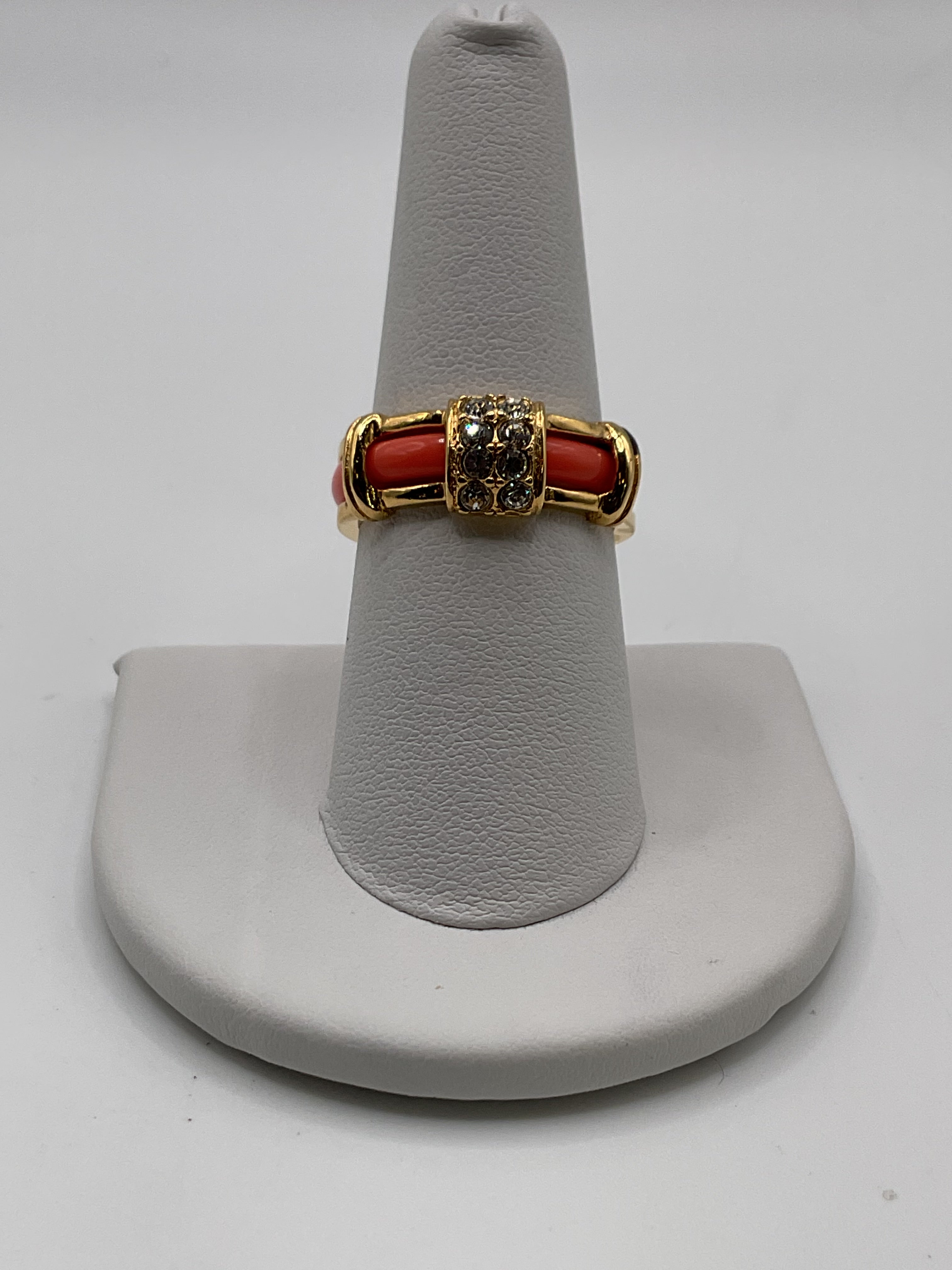 Vintage Avon Coral Enamel Rhinestone Gold Tone Ring - Estate Sale (Great Condition)