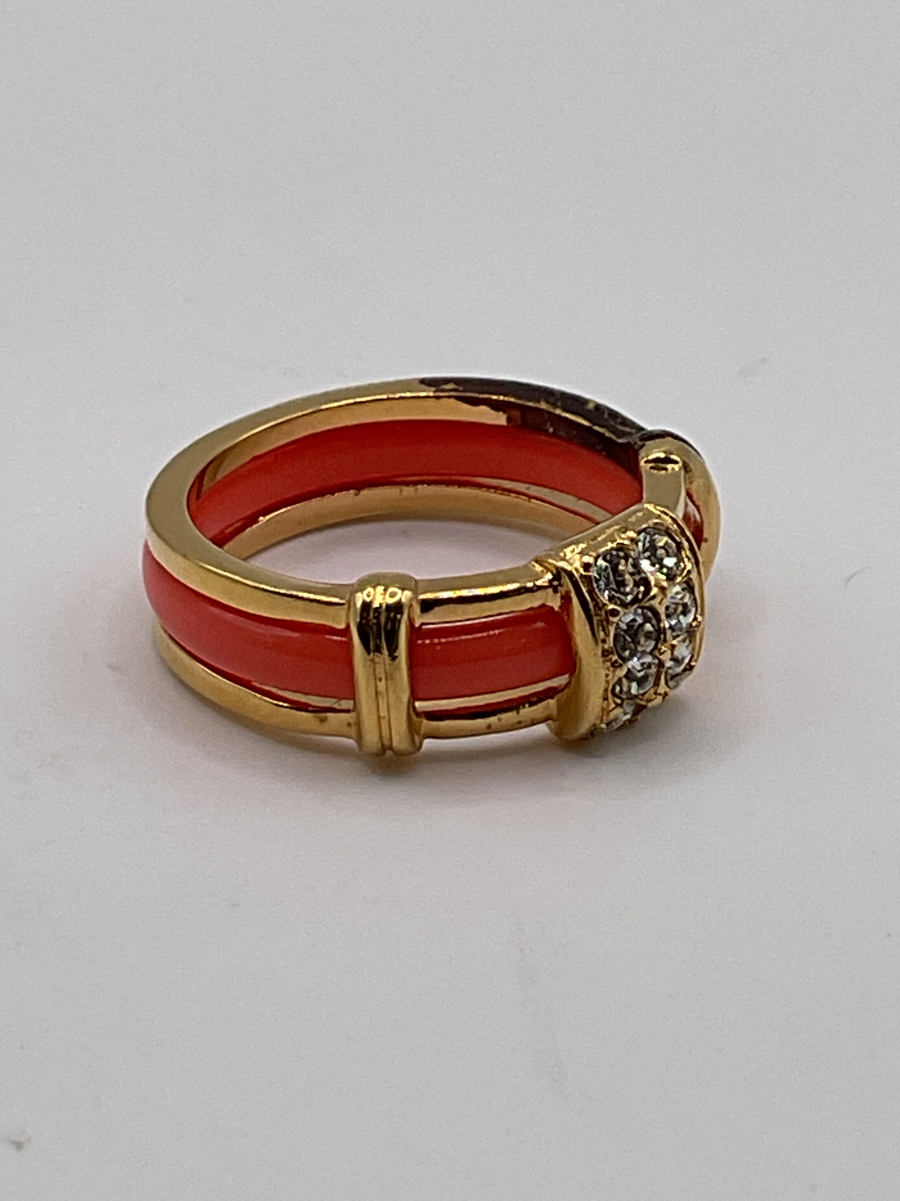 Vintage Avon Coral Enamel Rhinestone Gold Tone Ring - Estate Sale (Great Condition)