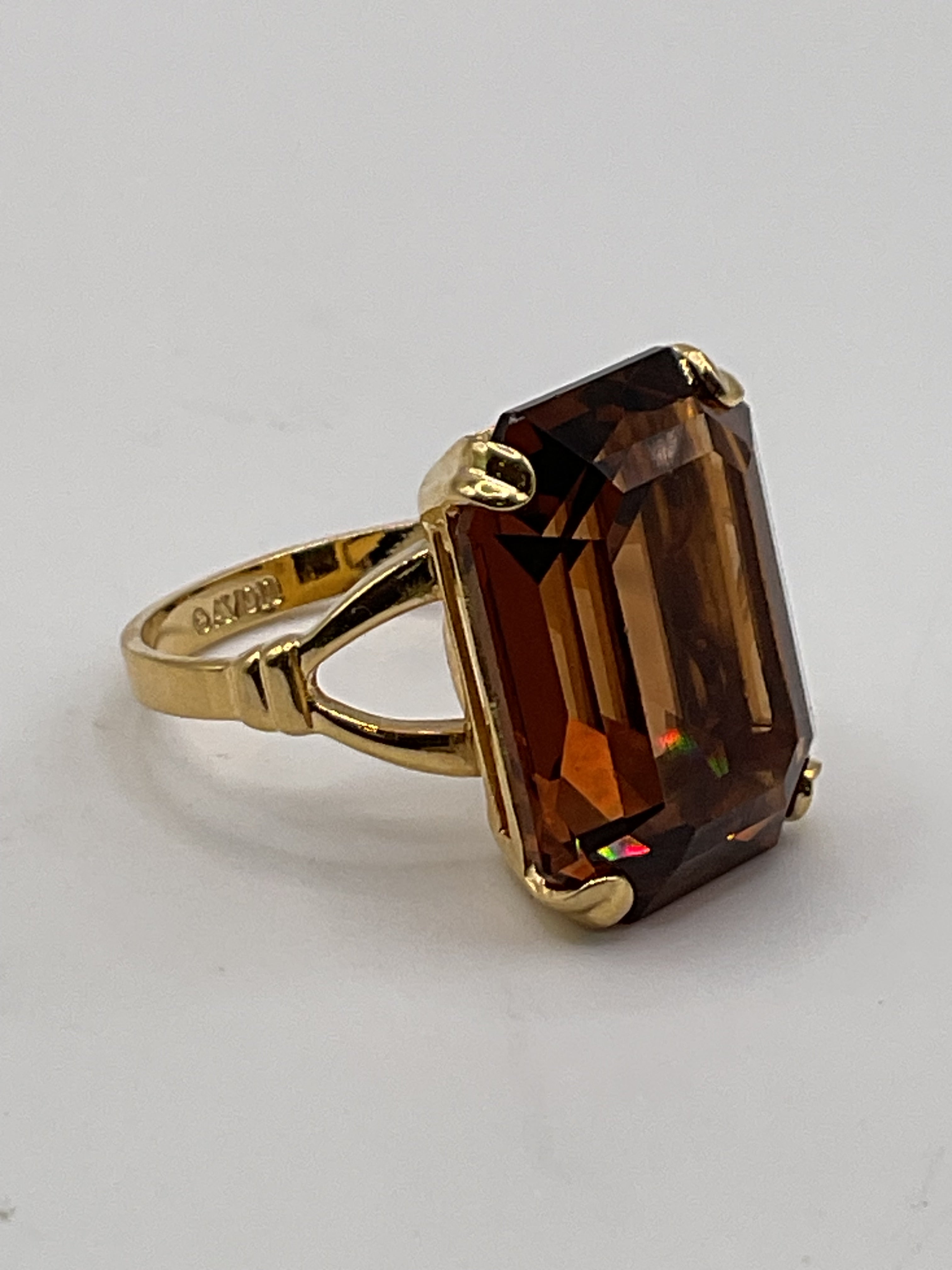 Vintage Avon Amber Emerald Cut Cocktail Ring Gold Tone Statement Ring
