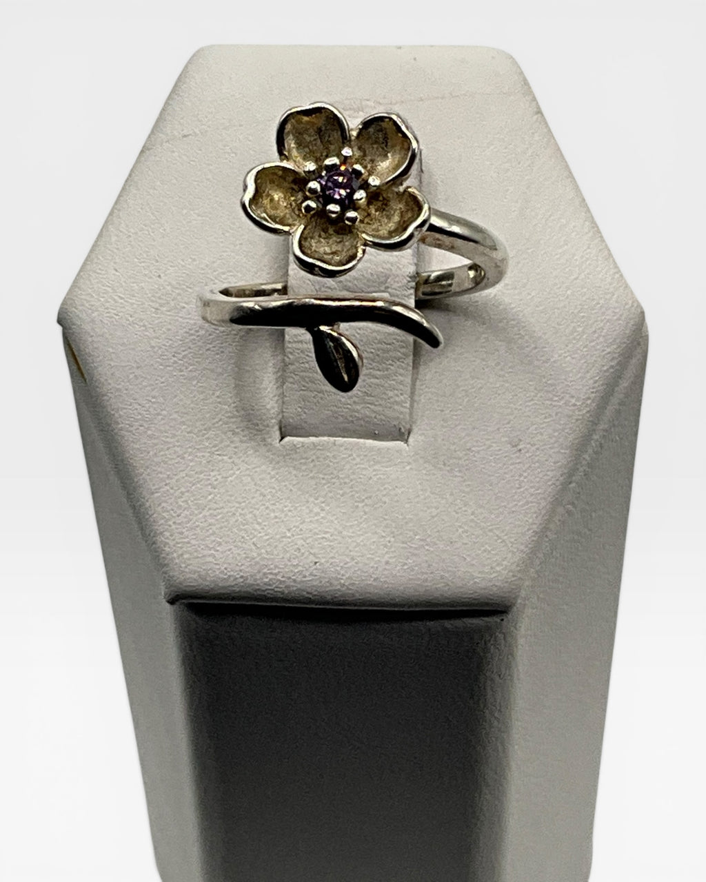 Amethyst Cubic Zirconia Cherry Blossom Flower Bypass Ring - Estate Sale (Great Condition)