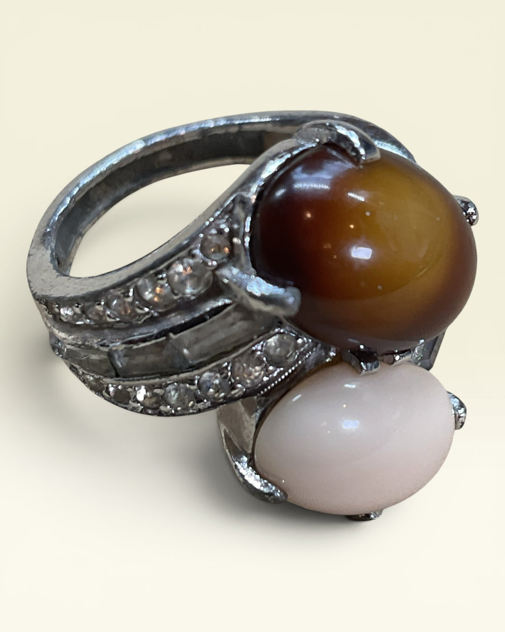 Jomaz Agate and Mookite, Rhinestones & Channel Set Baguettes Ring - Estate Sale (Great Condition)