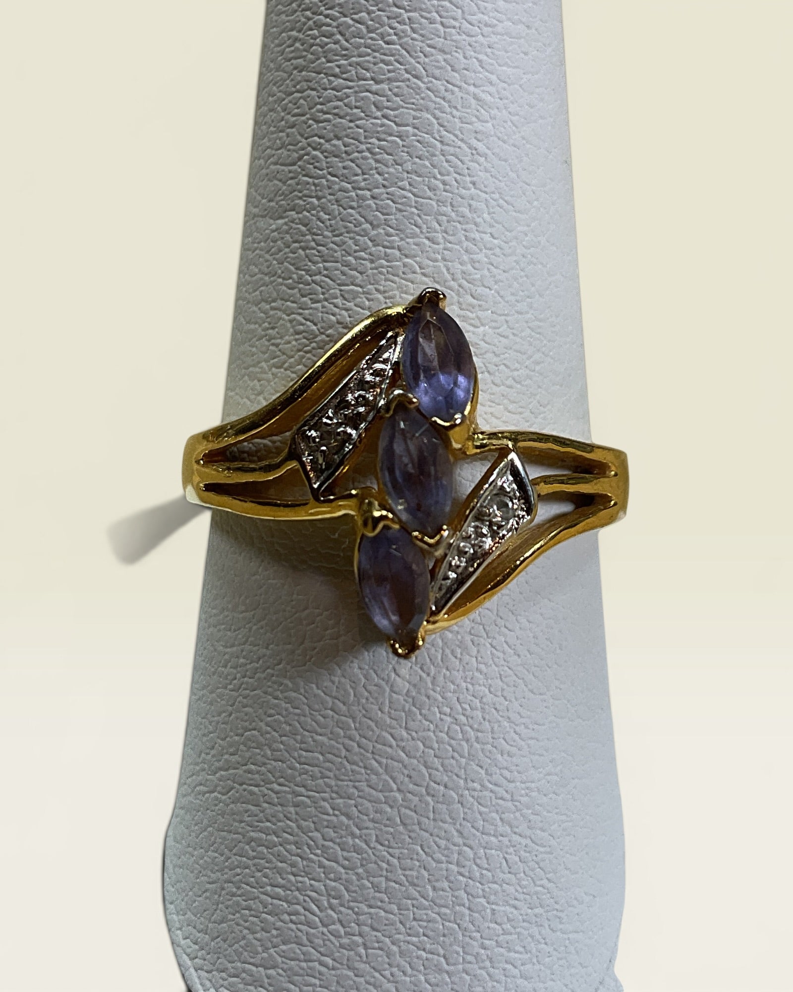 Vintage Gold Tone Triple Purple Marquis Rhinestone Ring - Estate Sale (Great Condition)