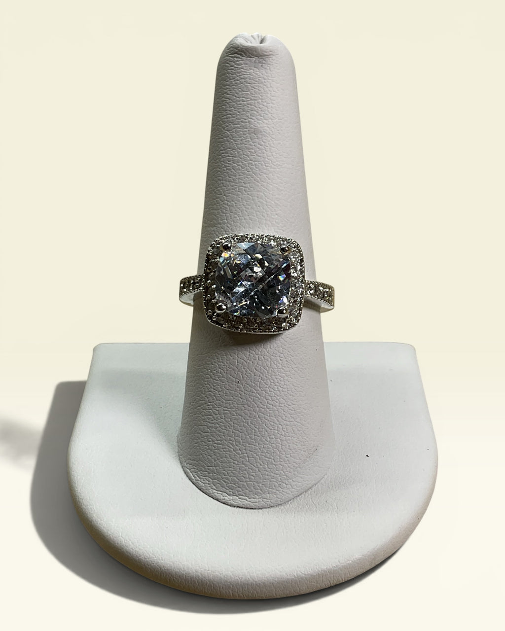 LN Silver Tone Plated Cushion Cut CZ Halo Ring | Designer Inspired Statement Ring - Estate Sale (Great Condition)