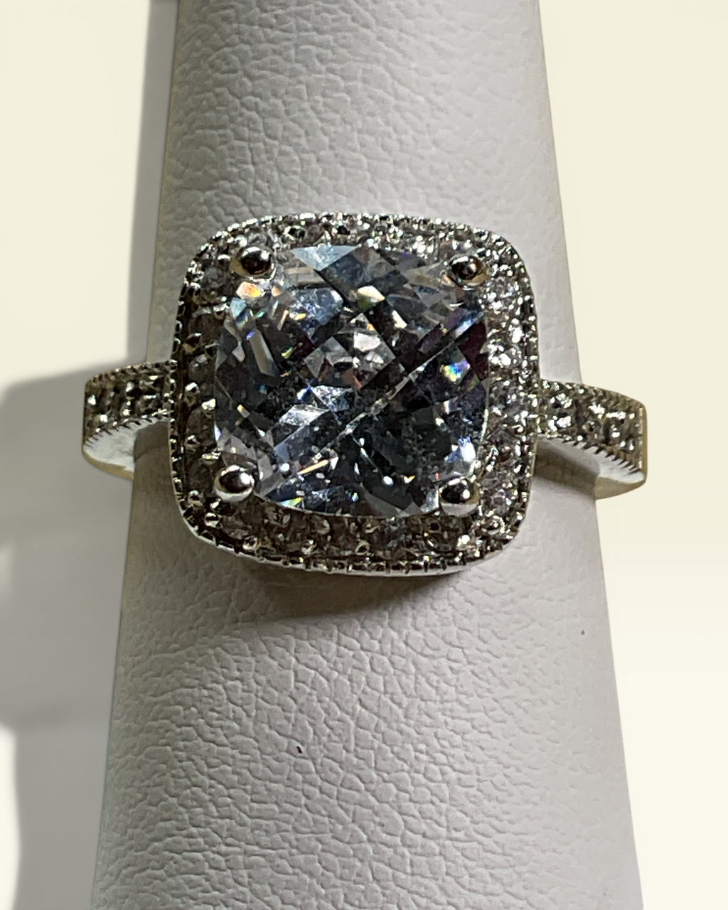 LN Silver Tone Plated Cushion Cut CZ Halo Ring | Designer Inspired Statement Ring - Estate Sale (Great Condition)