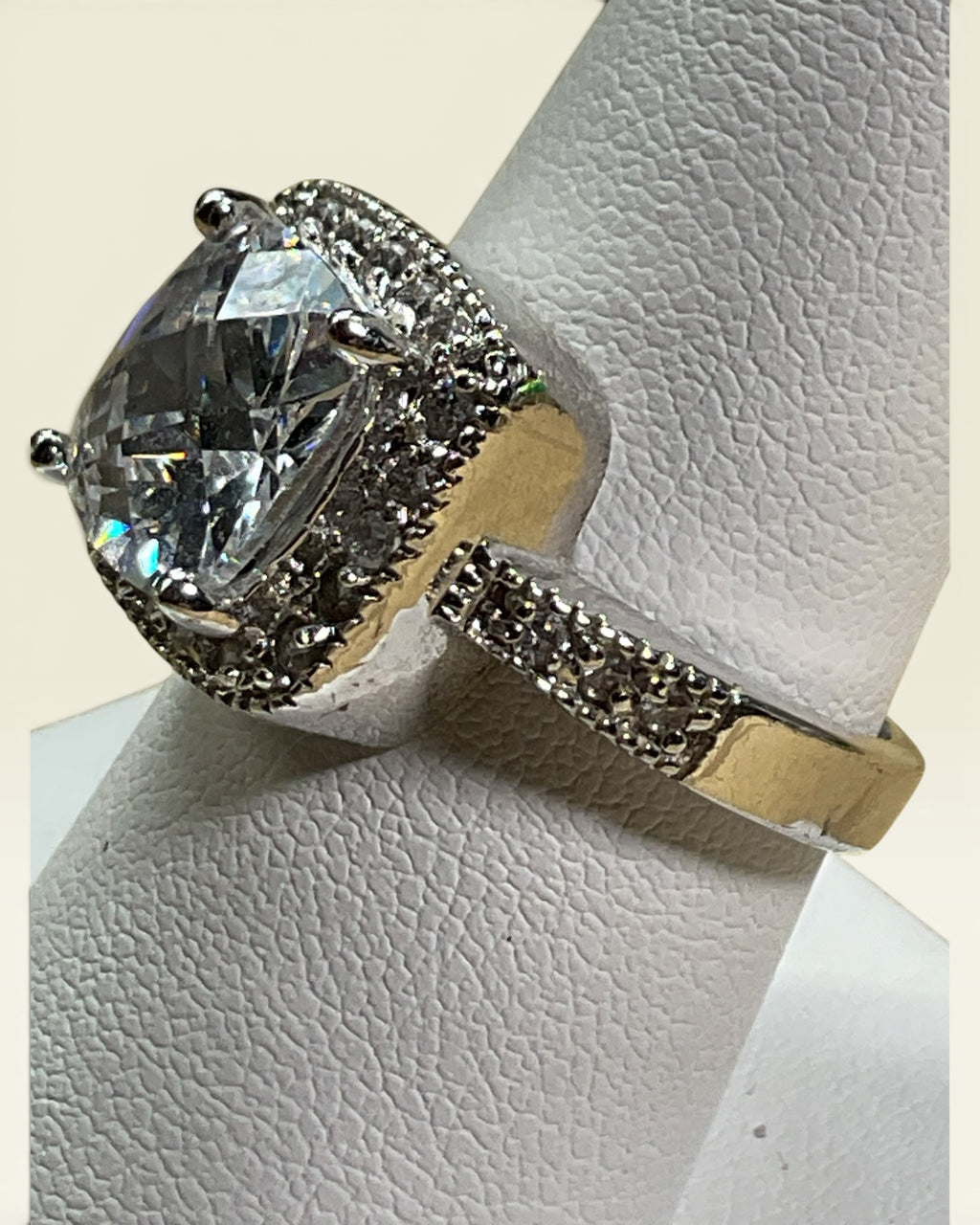 LN Silver Tone Plated Cushion Cut CZ Halo Ring | Designer Inspired Statement Ring - Estate Sale (Great Condition)