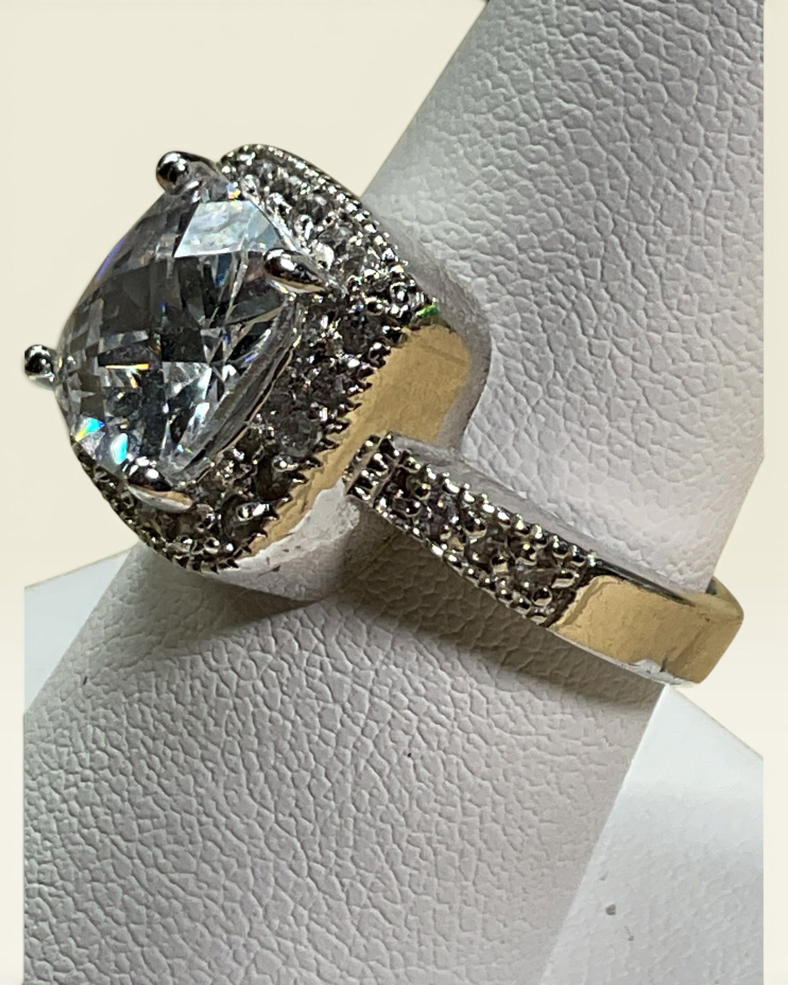 LN Silver Tone Plated Cushion Cut CZ Halo Ring | Designer Inspired Statement Ring - Estate Sale (Great Condition)