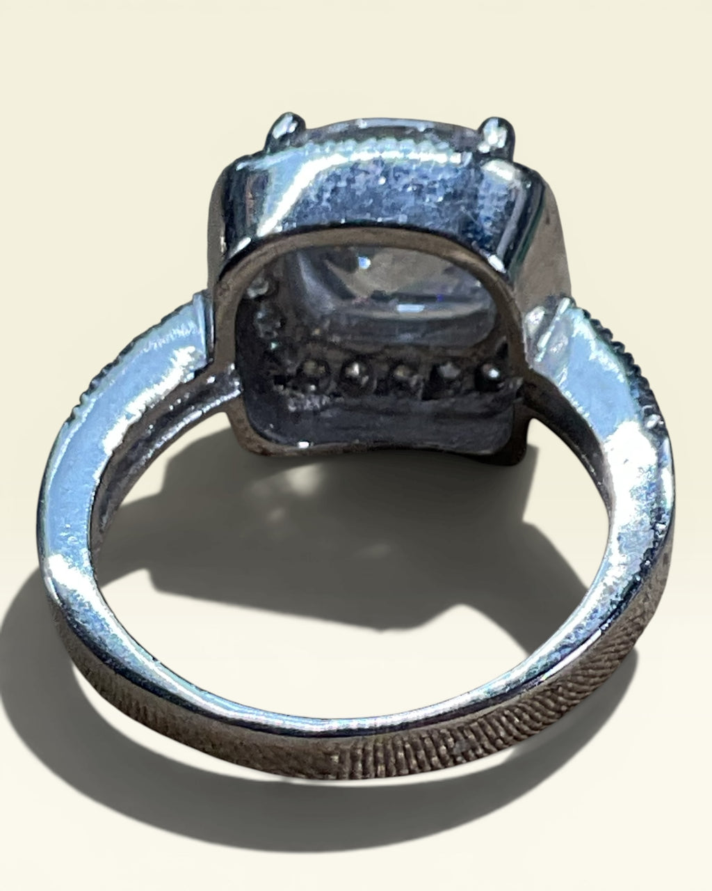 LN Silver Tone Plated Cushion Cut CZ Halo Ring | Designer Inspired Statement Ring - Estate Sale (Great Condition)
