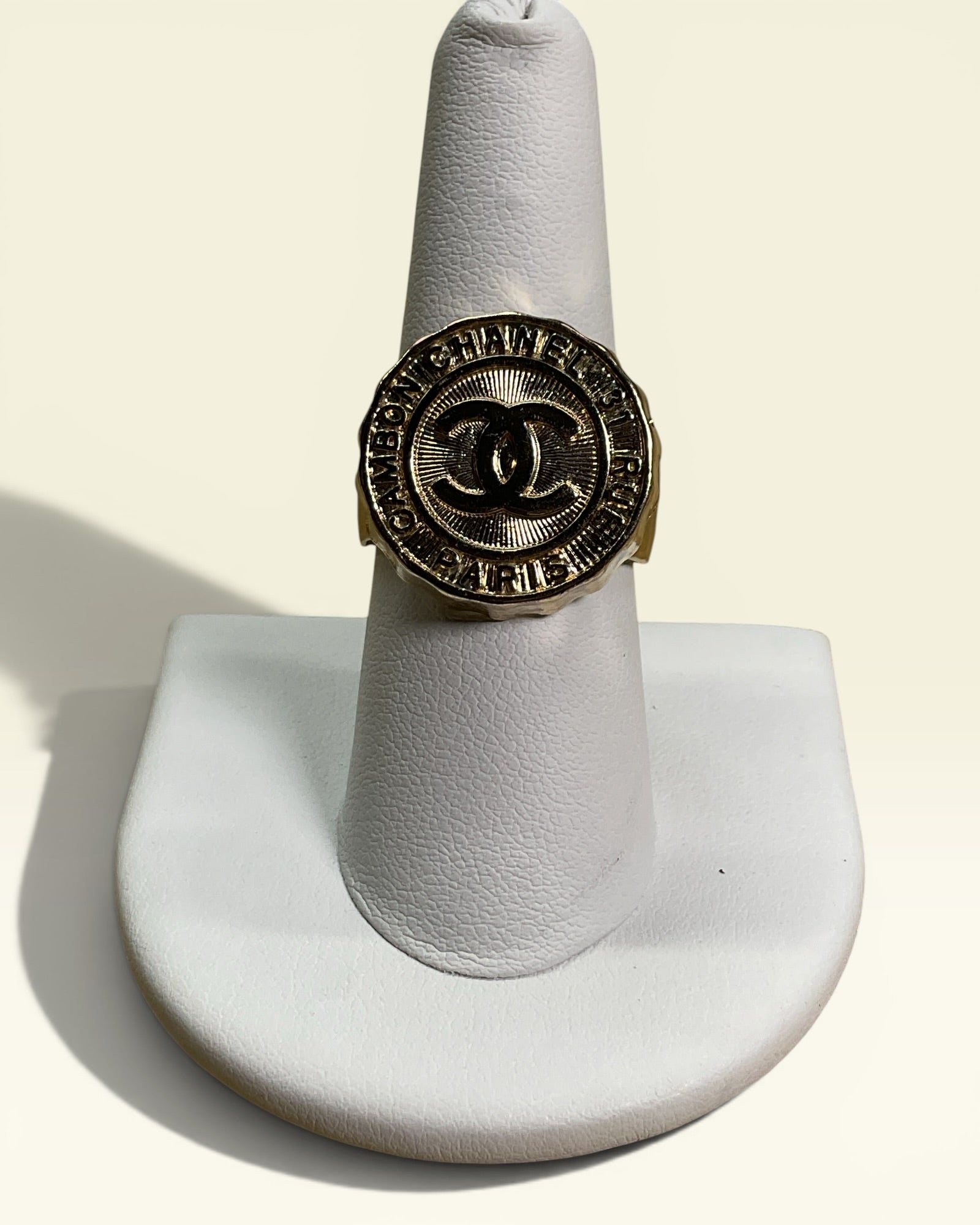 Designer Inspired Gold Tone CC Button Ring | Repurposed Boutique Statement Ring - Estate Sale (Great Condition)