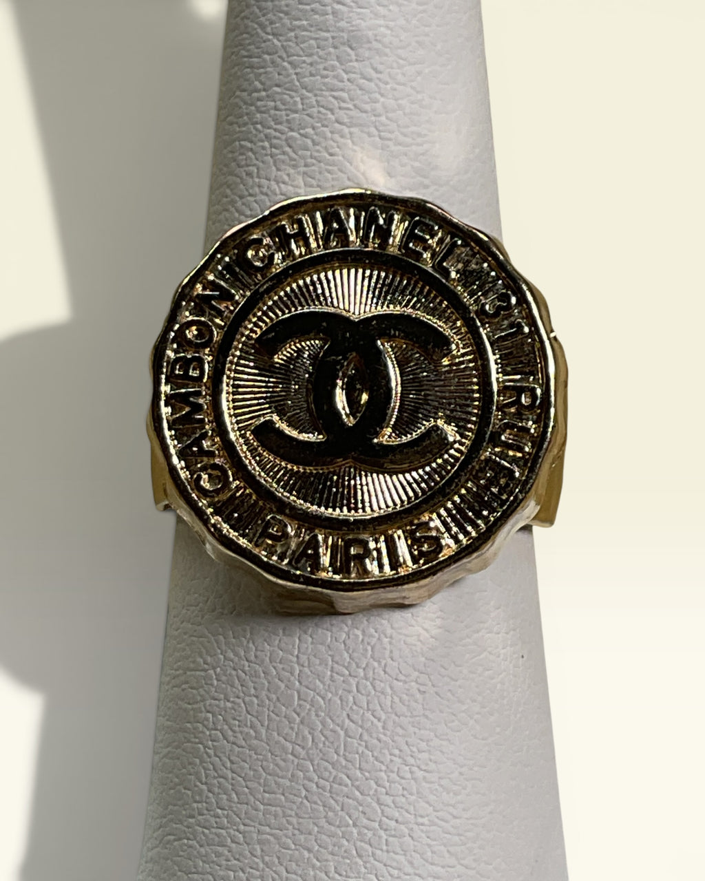 Designer Inspired Gold Tone CC Button Ring | Repurposed Boutique Statement Ring - Estate Sale (Great Condition)