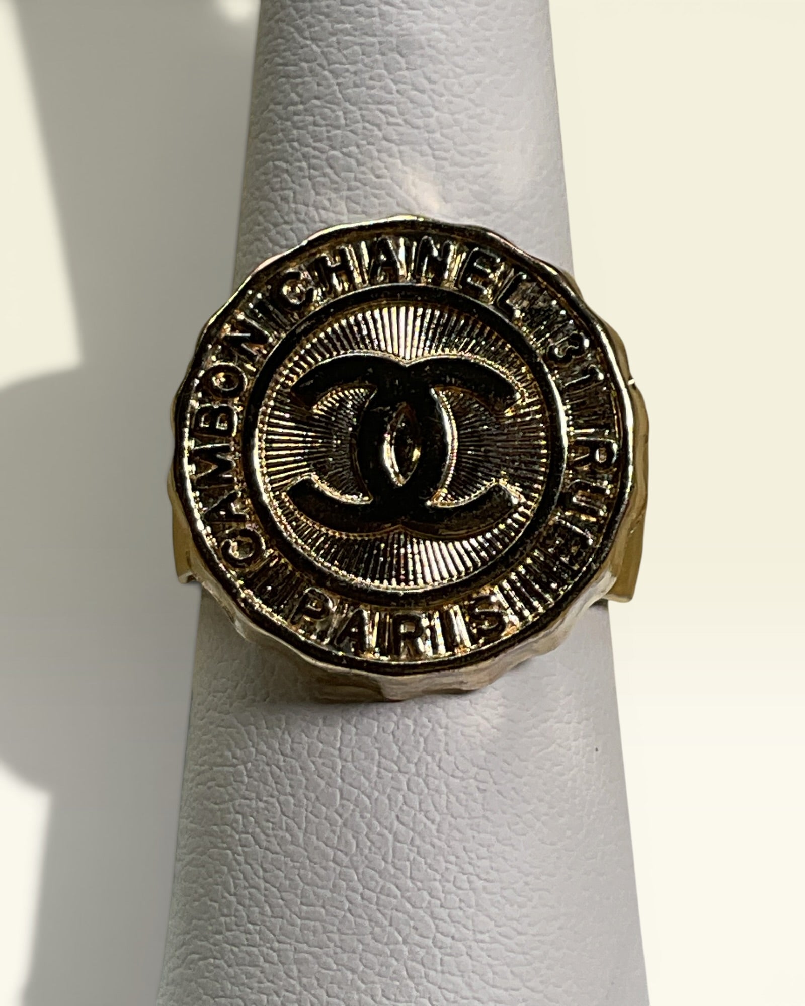 Designer Inspired Gold Tone CC Button Ring | Repurposed Boutique Statement Ring - Estate Sale (Great Condition)