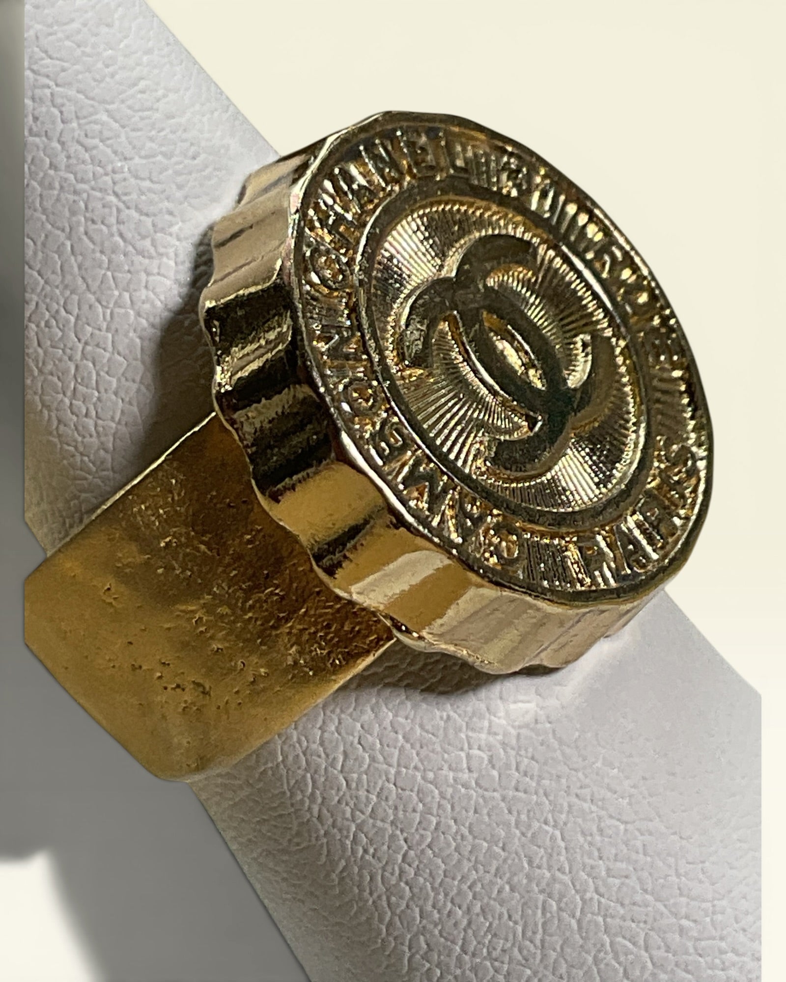 Designer Inspired Gold Tone CC Button Ring | Repurposed Boutique Statement Ring - Estate Sale (Great Condition)