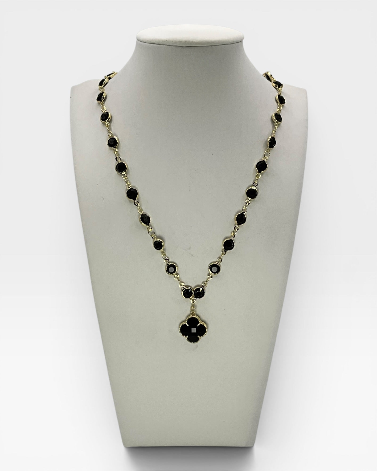 Bling Collection - Black Swarovski Crystals & Clover Dainty Necklace