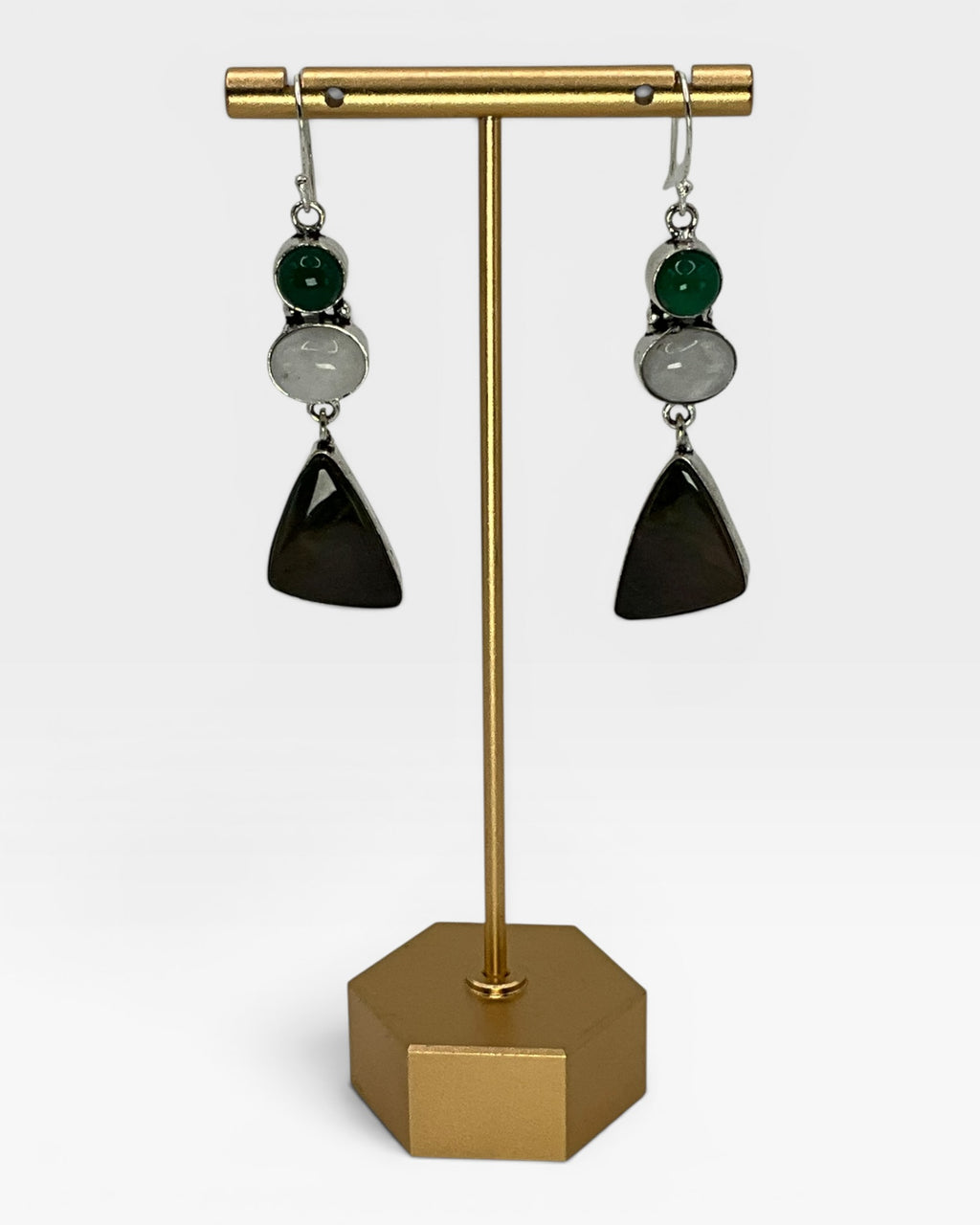 Bling Collection- 3-Stone Onyx, Moonstone & Jasper Designer Earrings (Sterling)