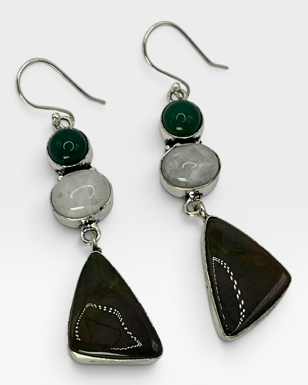 Bling Collection- 3-Stone Onyx, Moonstone & Jasper Designer Earrings (Sterling)