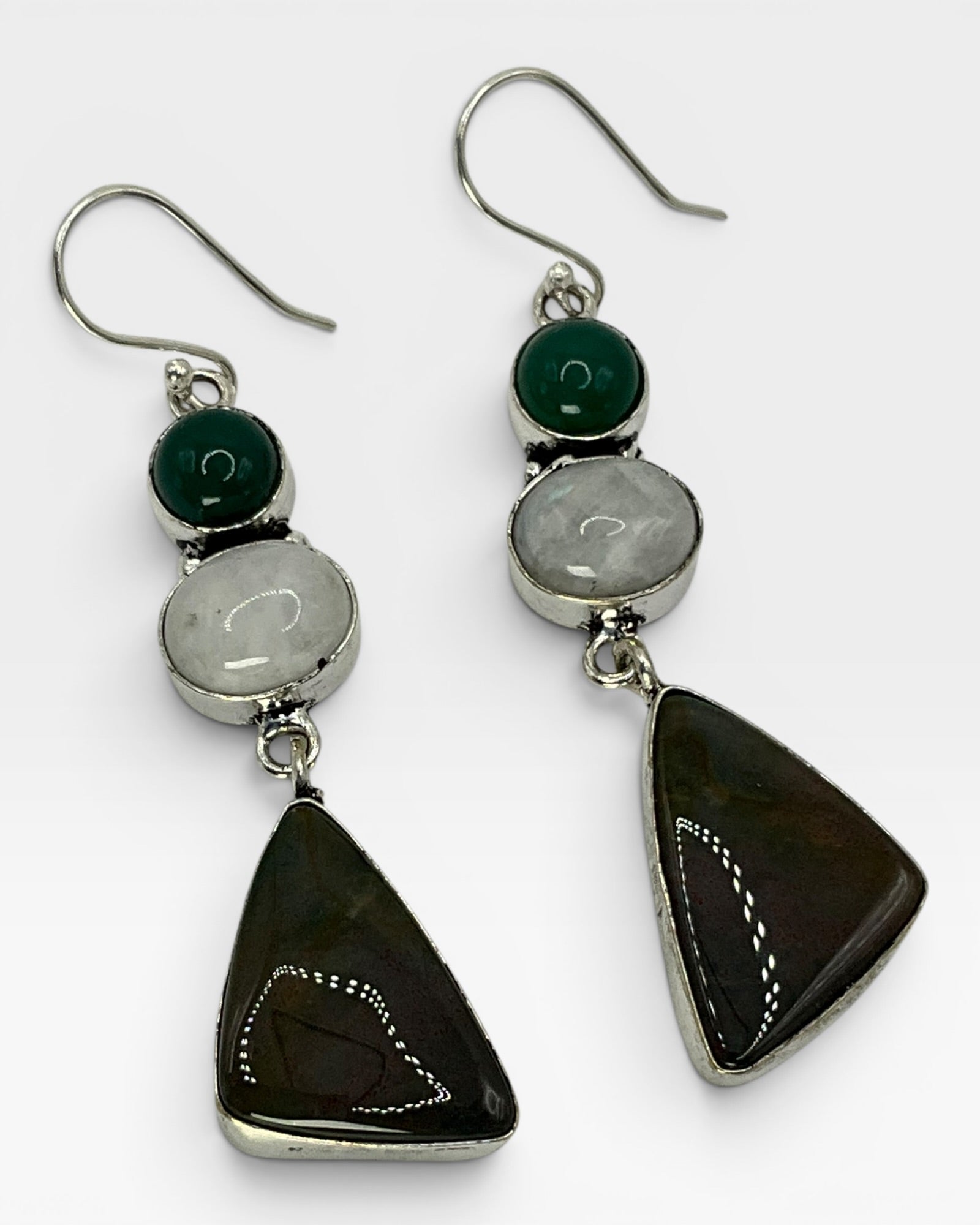 Bling Collection- 3-Stone Onyx, Moonstone & Jasper Designer Earrings (Sterling)