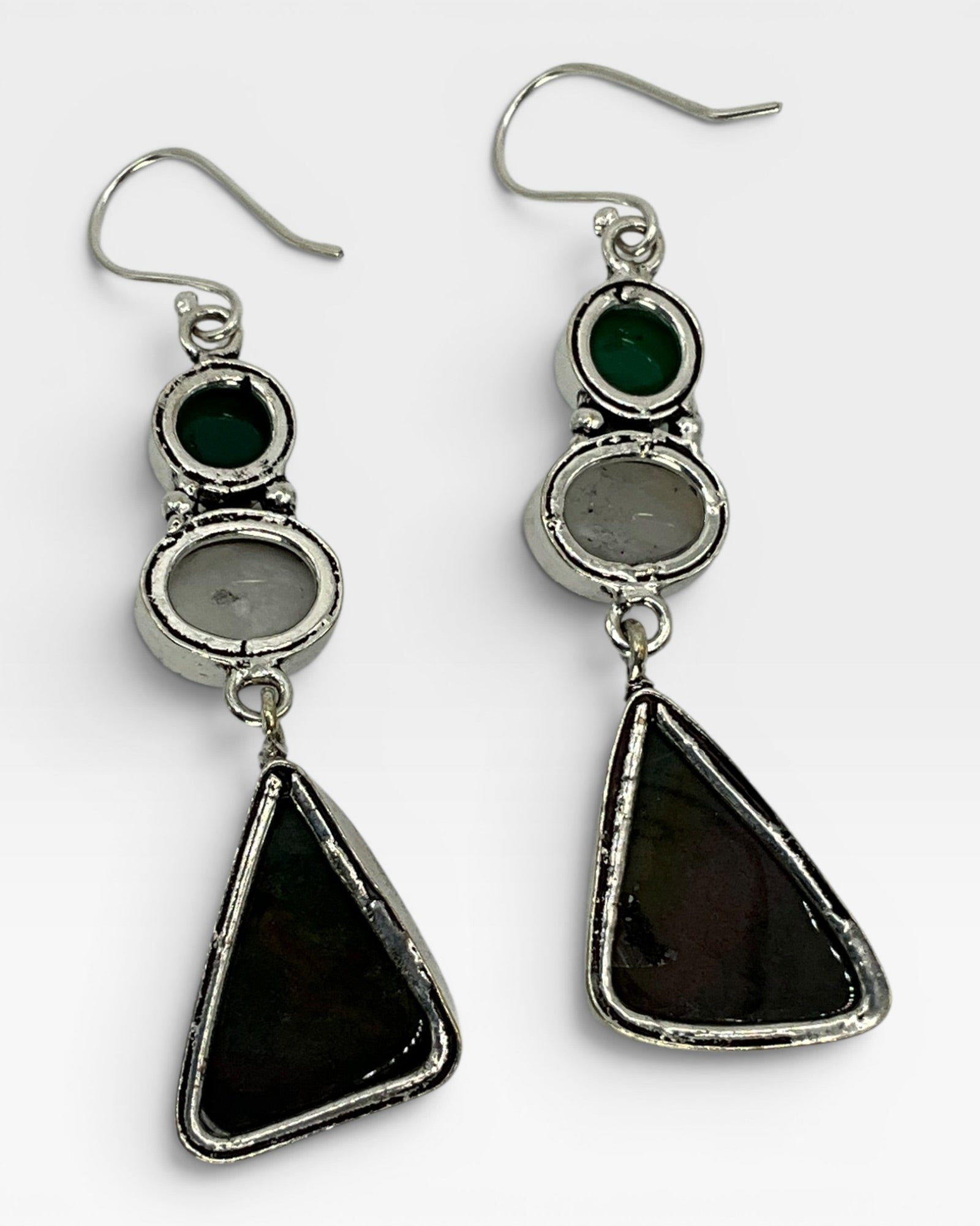 Bling Collection- 3-Stone Onyx, Moonstone & Jasper Designer Earrings (Sterling)