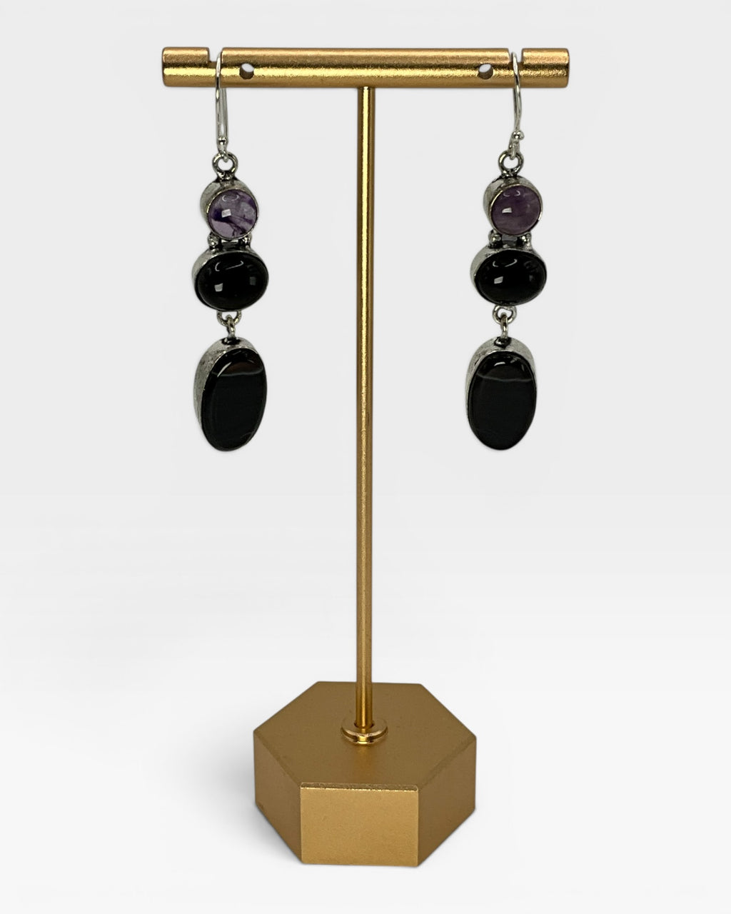 Bling Collection - 3-Stone Agate, Black Onyx& Amethyst Designer Earrings (Sterling)