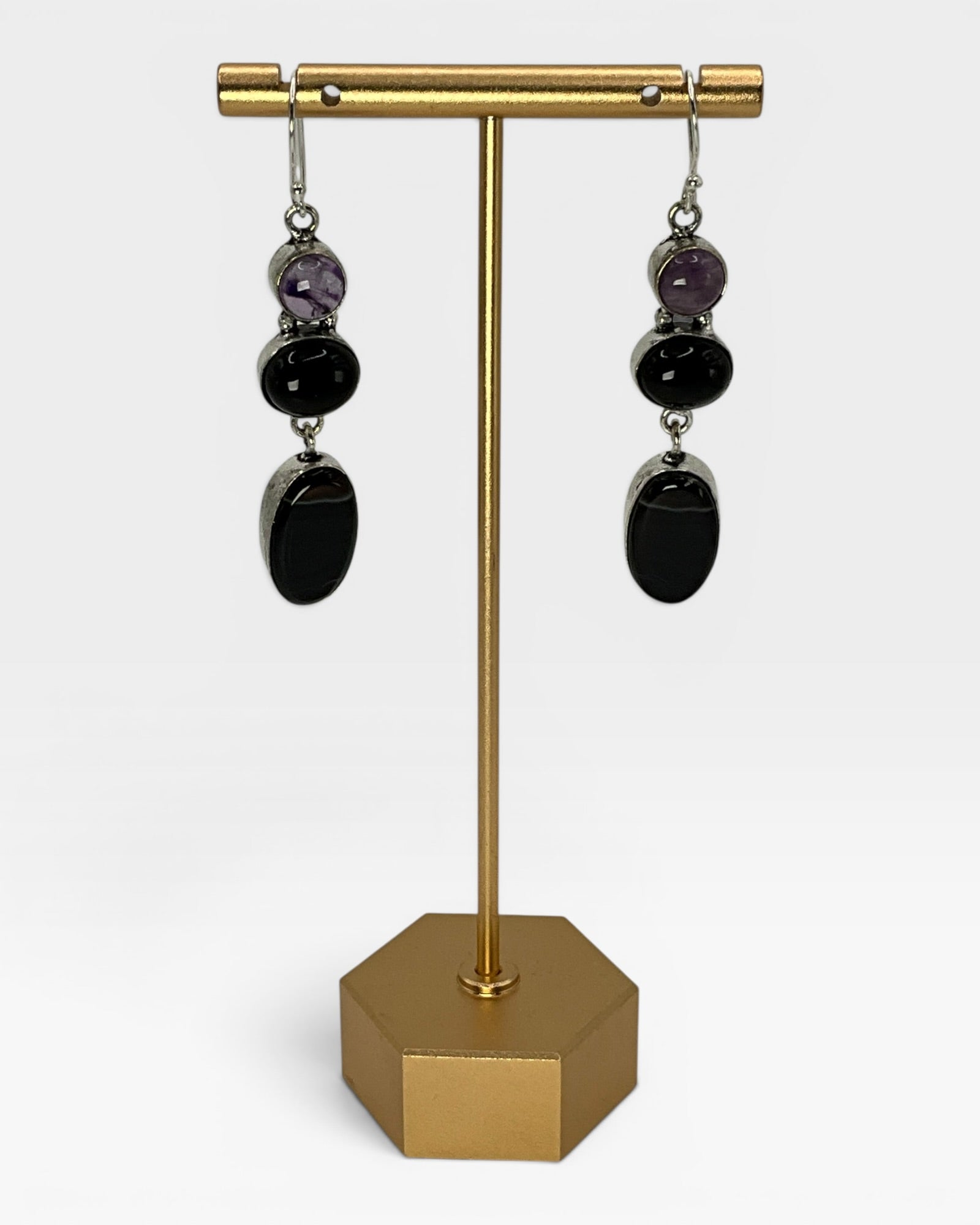 Bling Collection - 3-Stone Agate, Black Onyx& Amethyst Designer Earrings (Sterling)