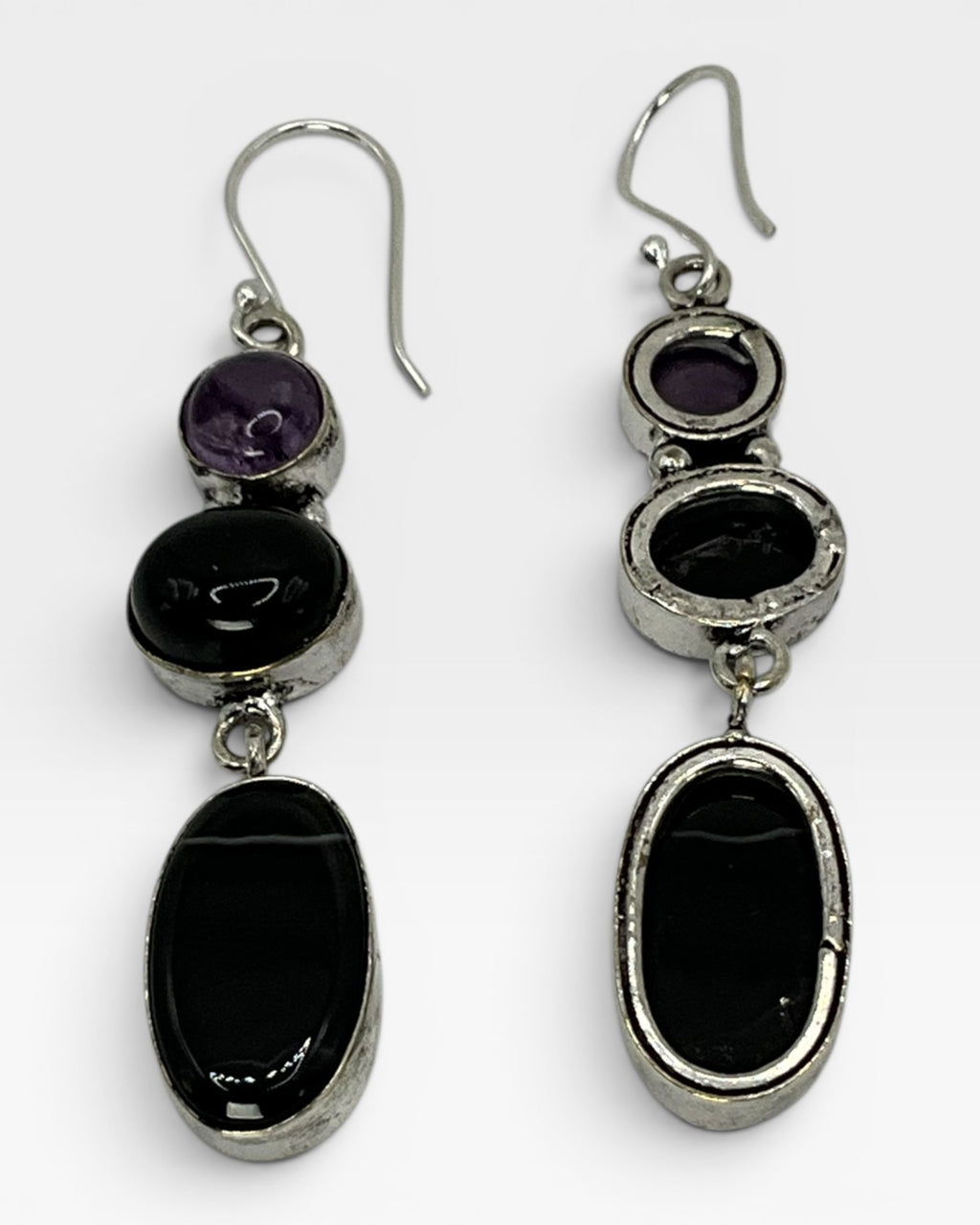 Bling Collection - 3-Stone Agate, Black Onyx& Amethyst Designer Earrings (Sterling)