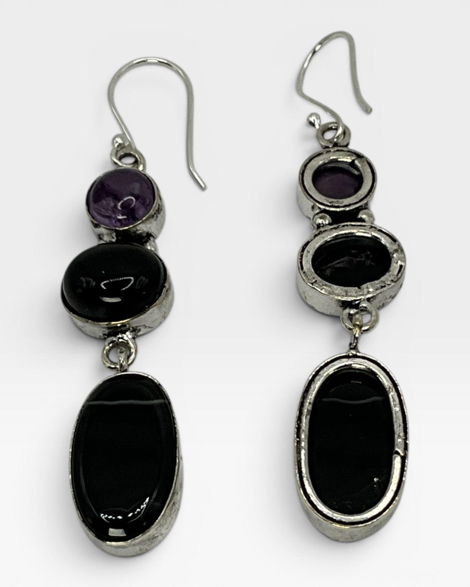 Bling Collection - 3-Stone Agate, Black Onyx& Amethyst Designer Earrings (Sterling)