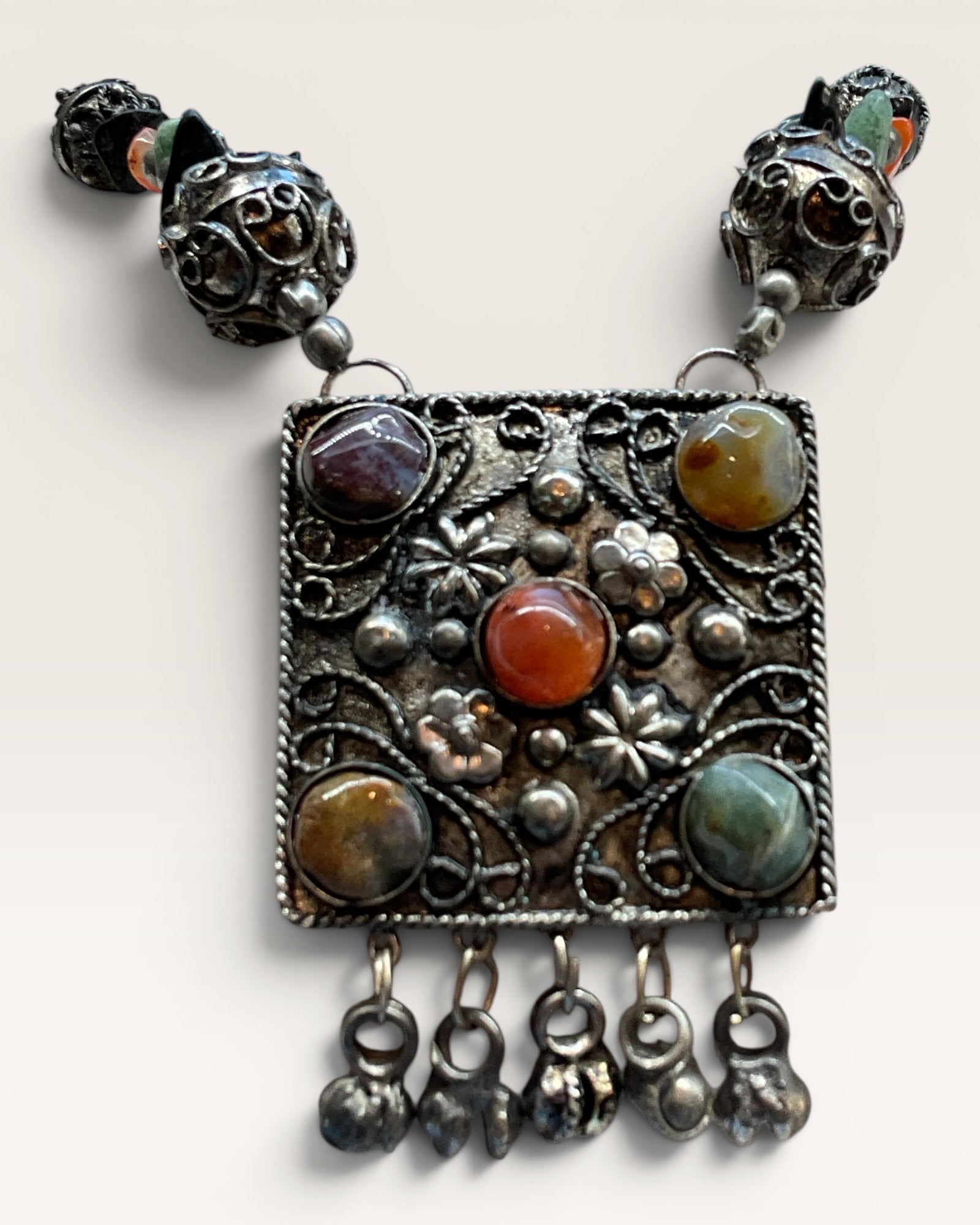 Old export Silver Tone with Semi Precious Gemstones Necklace - Estate Sale (Great Condition)