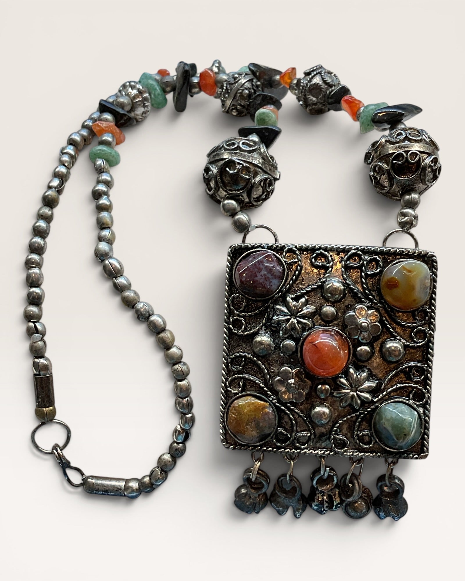 Old export Silver Tone with Semi Precious Gemstones Necklace - Estate Sale (Great Condition)