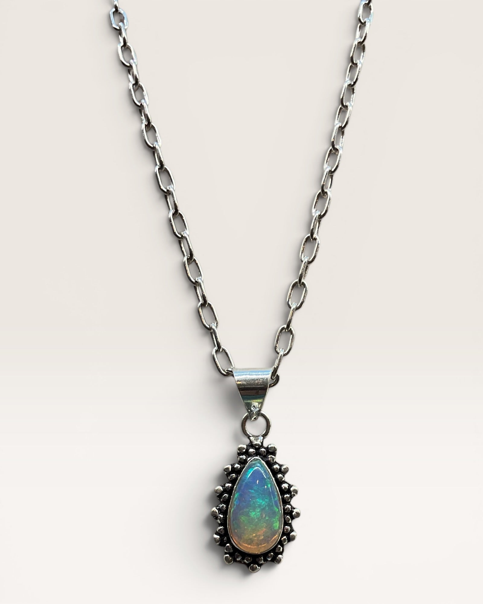 Ethiopian Teardrop Opal Pendant Necklace with 18” Sterling Chain