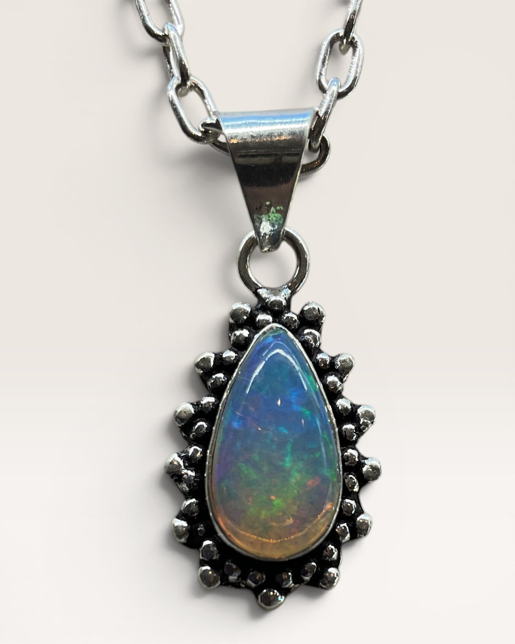 Ethiopian Teardrop Opal Pendant Necklace with 18” Sterling Chain