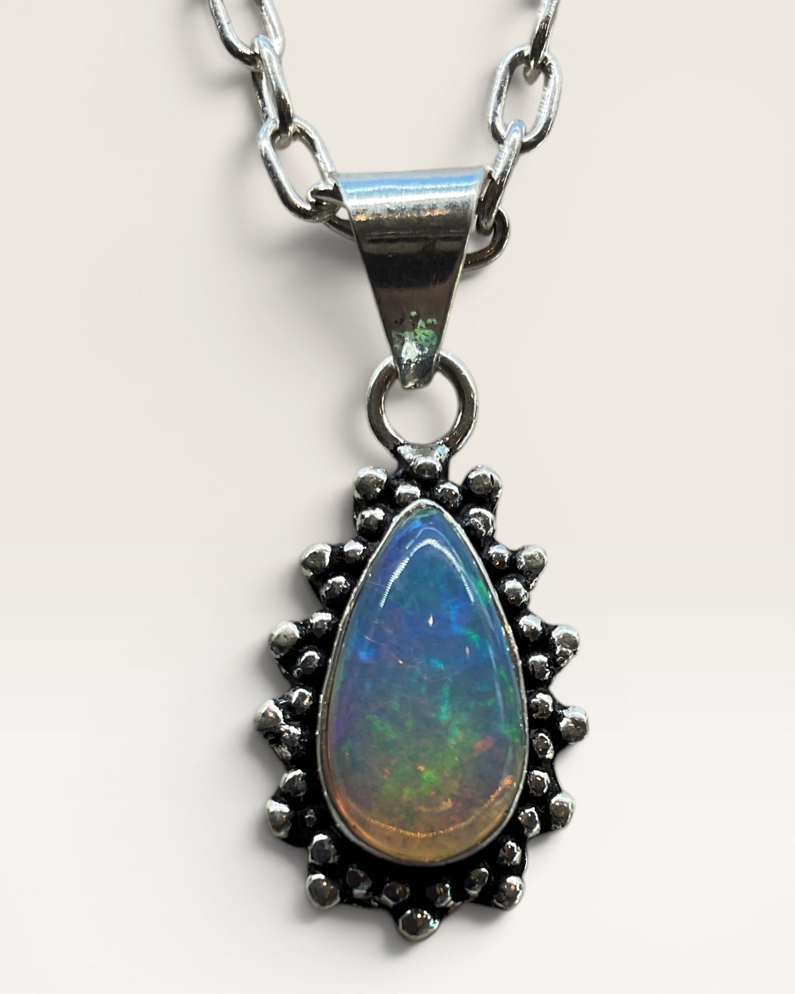 Ethiopian Teardrop Opal Pendant Necklace with 18” Sterling Chain