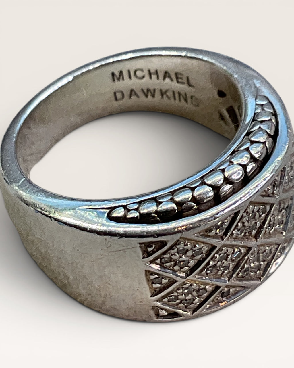 Michael Dawkins Sterling Silver Lattice Ring Featuring Pavé Diamonds - Estate Sale (Great Condition)