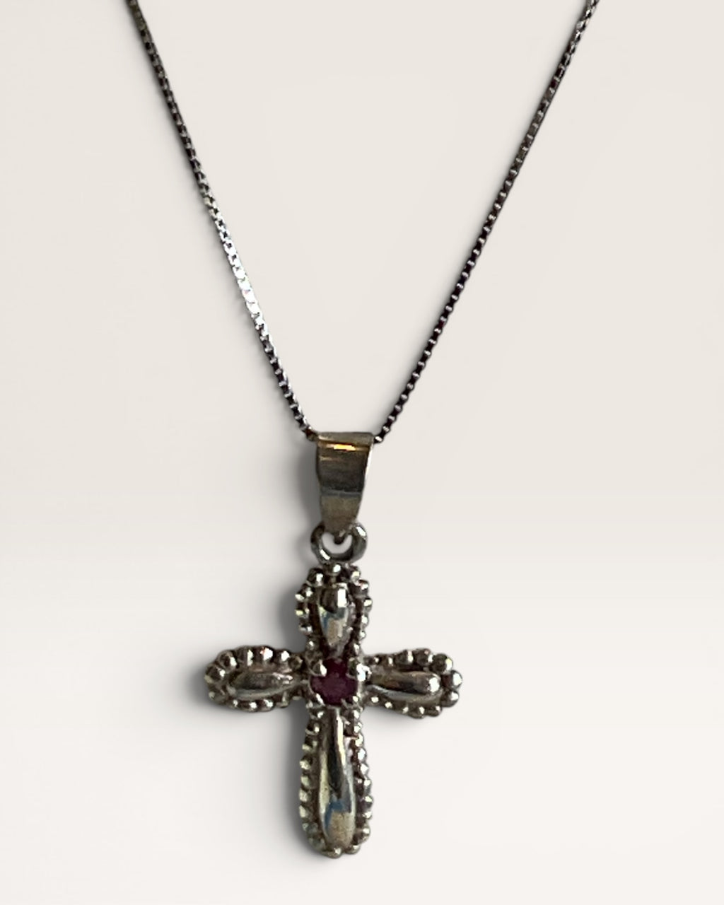 Sterling Silver Ruby Cross Pendant Necklace - Estate Sale (Great Condition)