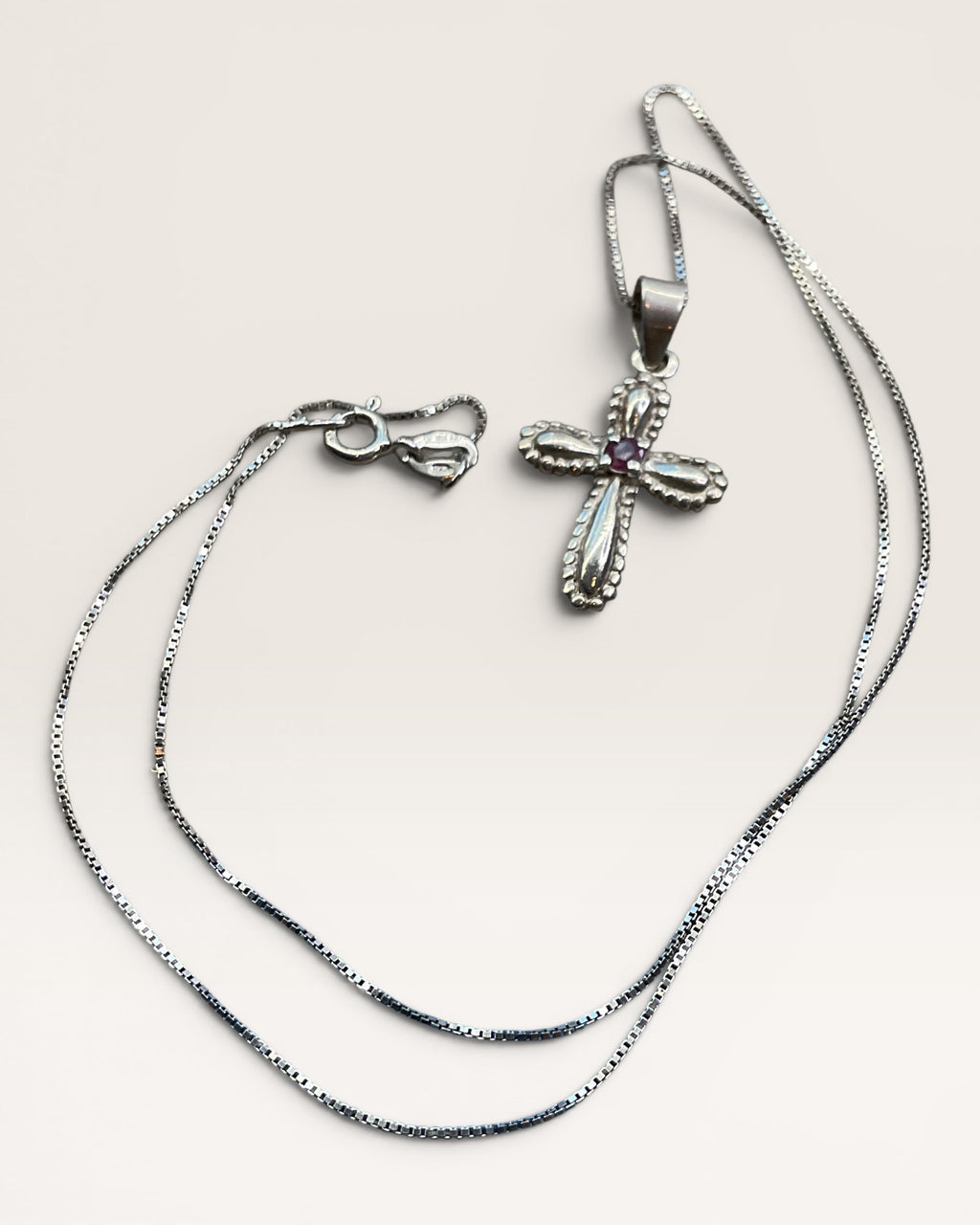 Sterling Silver Ruby Cross Pendant Necklace - Estate Sale (Great Condition)
