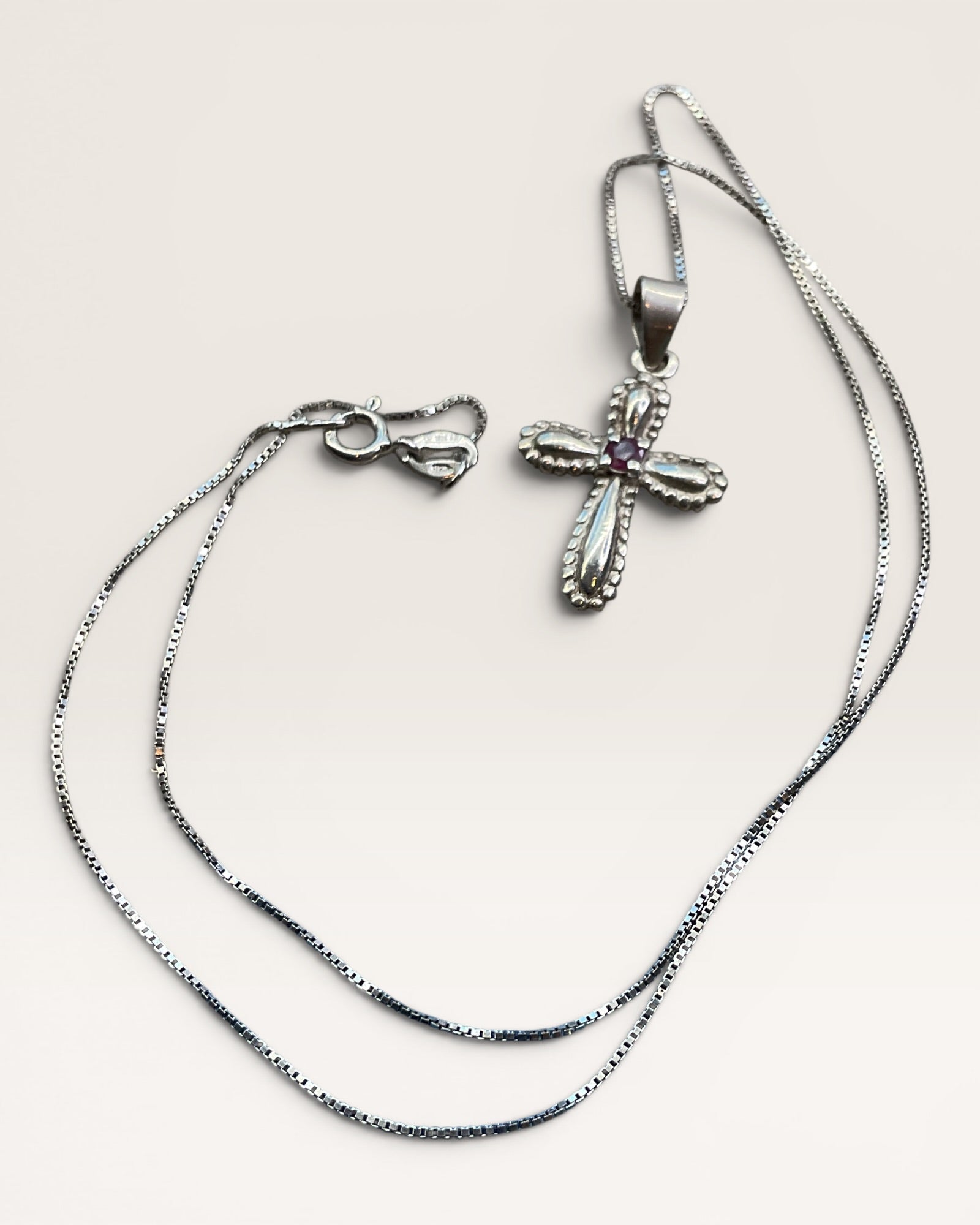 Sterling Silver Ruby Cross Pendant Necklace - Estate Sale (Great Condition)