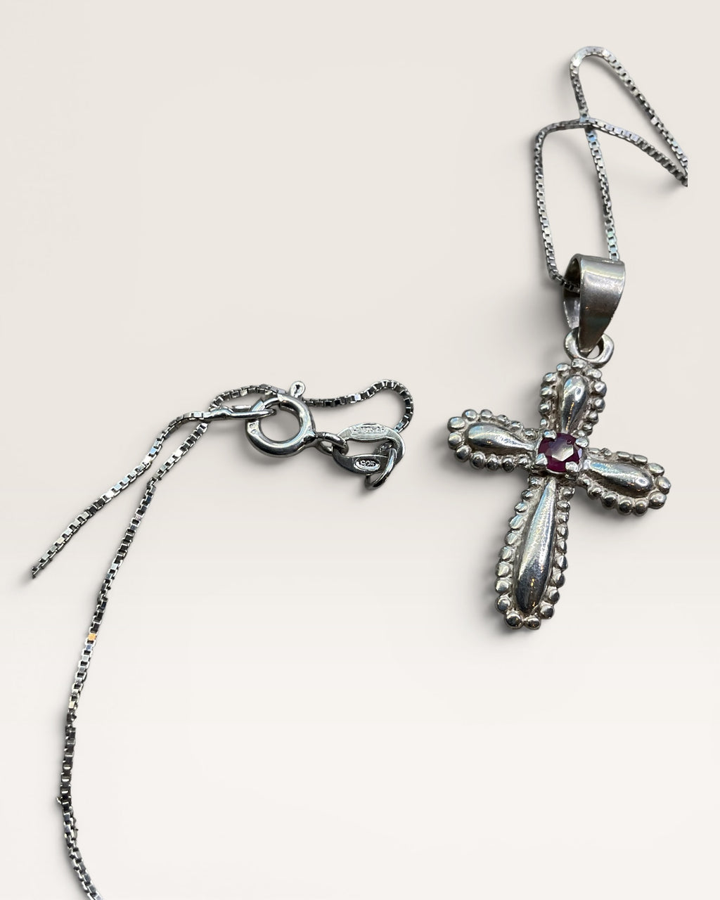 Sterling Silver Ruby Cross Pendant Necklace - Estate Sale (Great Condition)