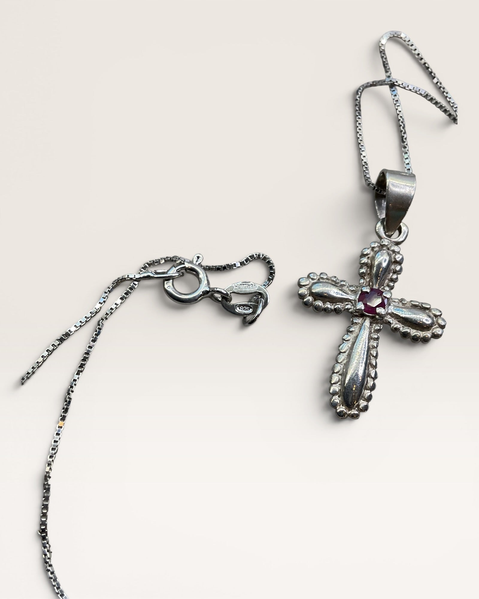 Sterling Silver Ruby Cross Pendant Necklace - Estate Sale (Great Condition)