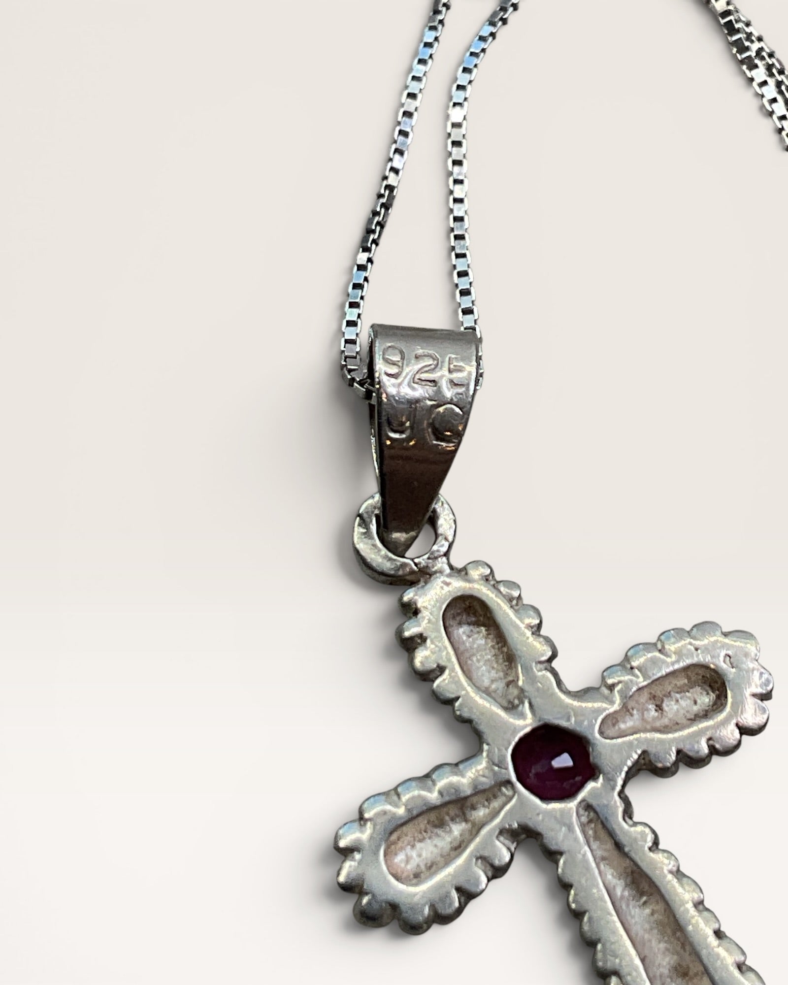 Sterling Silver Ruby Cross Pendant Necklace - Estate Sale (Great Condition)