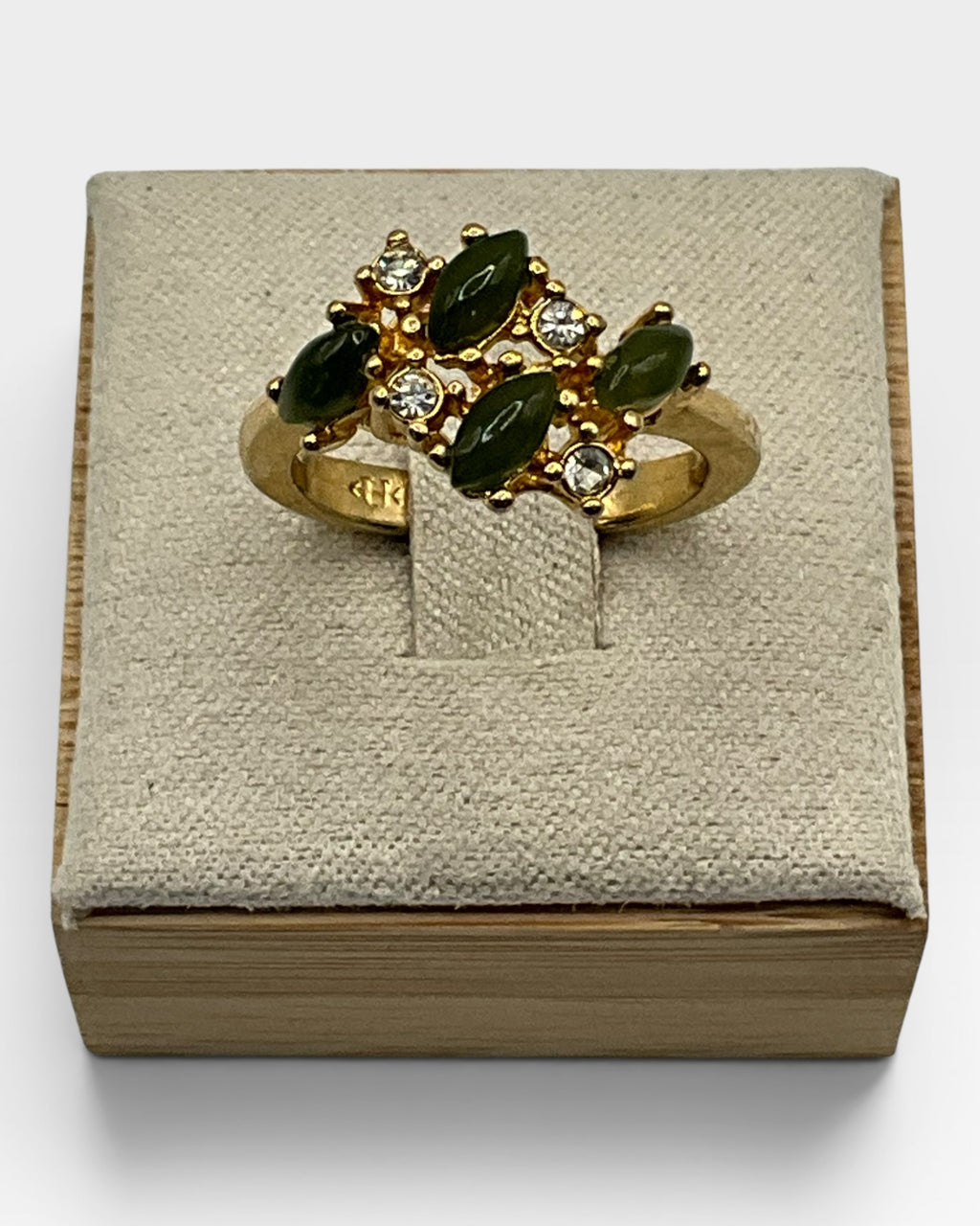 Crystals & Natural Green Jade Hollywood Regency Ring - Estate Sale (Great Condition)